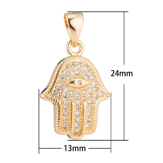 Gold Hamsa Hand, Evil Eye, Protection Amulet Wealth Health Cubic Zirconia Necklace Pendant Charm Bead Bails Findings for Jewelry Making H-196 - DLUXCA