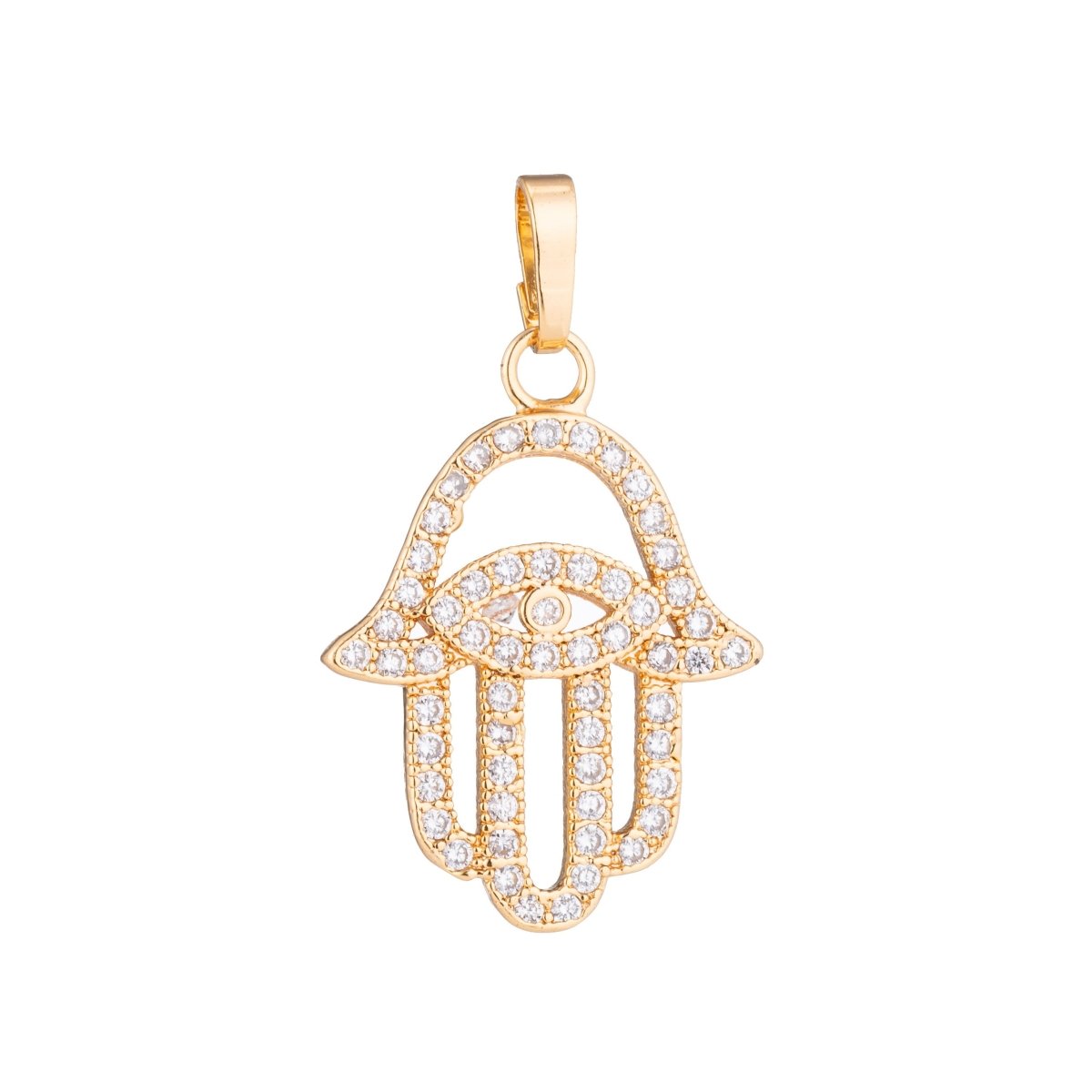 Gold Hamsa Hand, Evil Eye, Spiritual, Religion, Amulet Gift Cubic Zirconia Necklace Pendant Charm Bead Bails Findings for Jewelry Making H-180 N-1430 - DLUXCA
