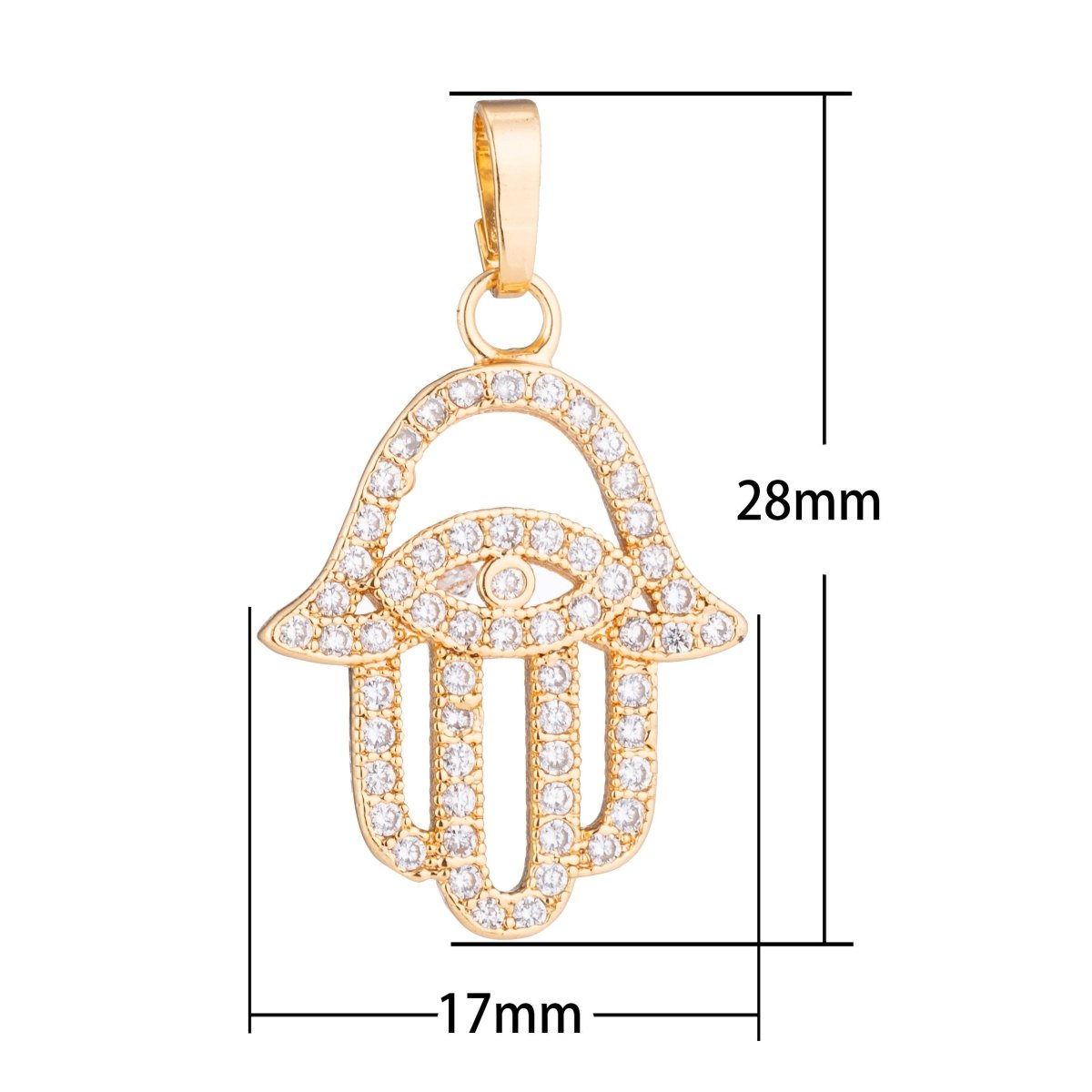 Gold Hamsa Hand, Evil Eye, Spiritual, Religion, Amulet Gift Cubic Zirconia Necklace Pendant Charm Bead Bails Findings for Jewelry Making H-180 N-1430 - DLUXCA