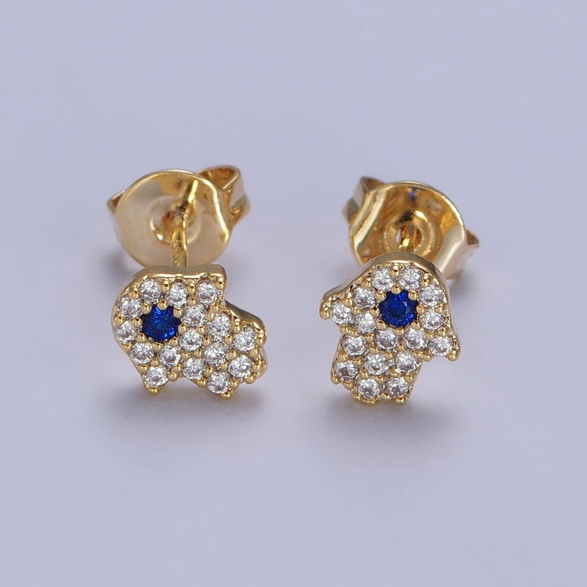 Gold Hamsa Hand Stud Earrings Micro Pave Hand of Fatimah Jewelry | AB185 - DLUXCA