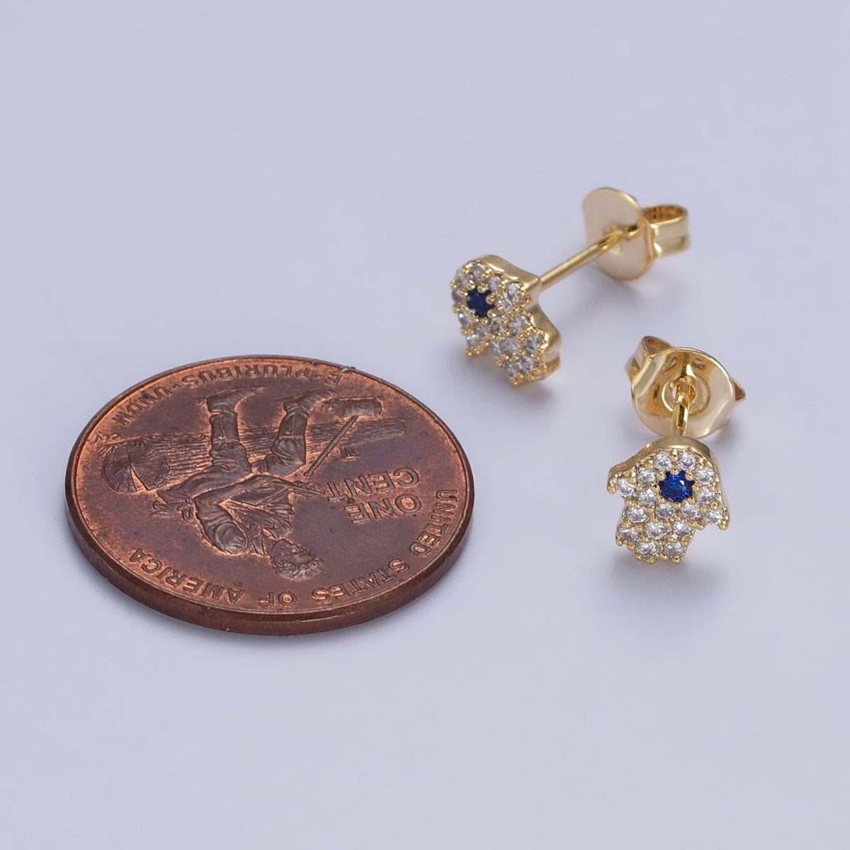 Gold Hamsa Hand Stud Earrings Micro Pave Hand of Fatimah Jewelry | AB185 - DLUXCA