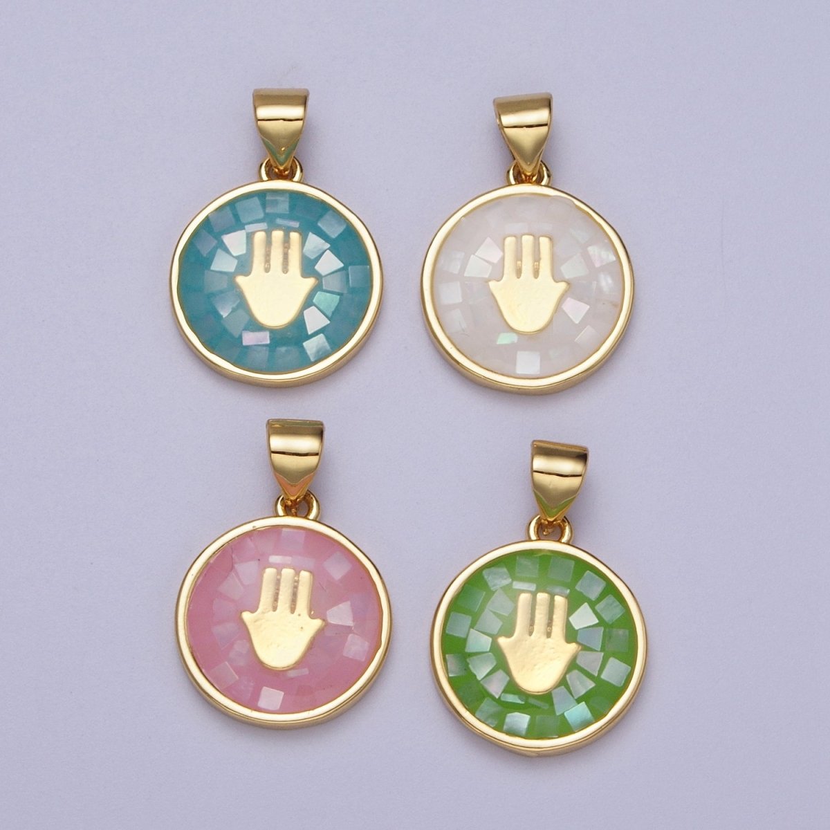 Gold Hamsa Hand White, Pink, Green, Teal Shell Opal Round Pendant H-807 I-760 I-792 I-828 - DLUXCA