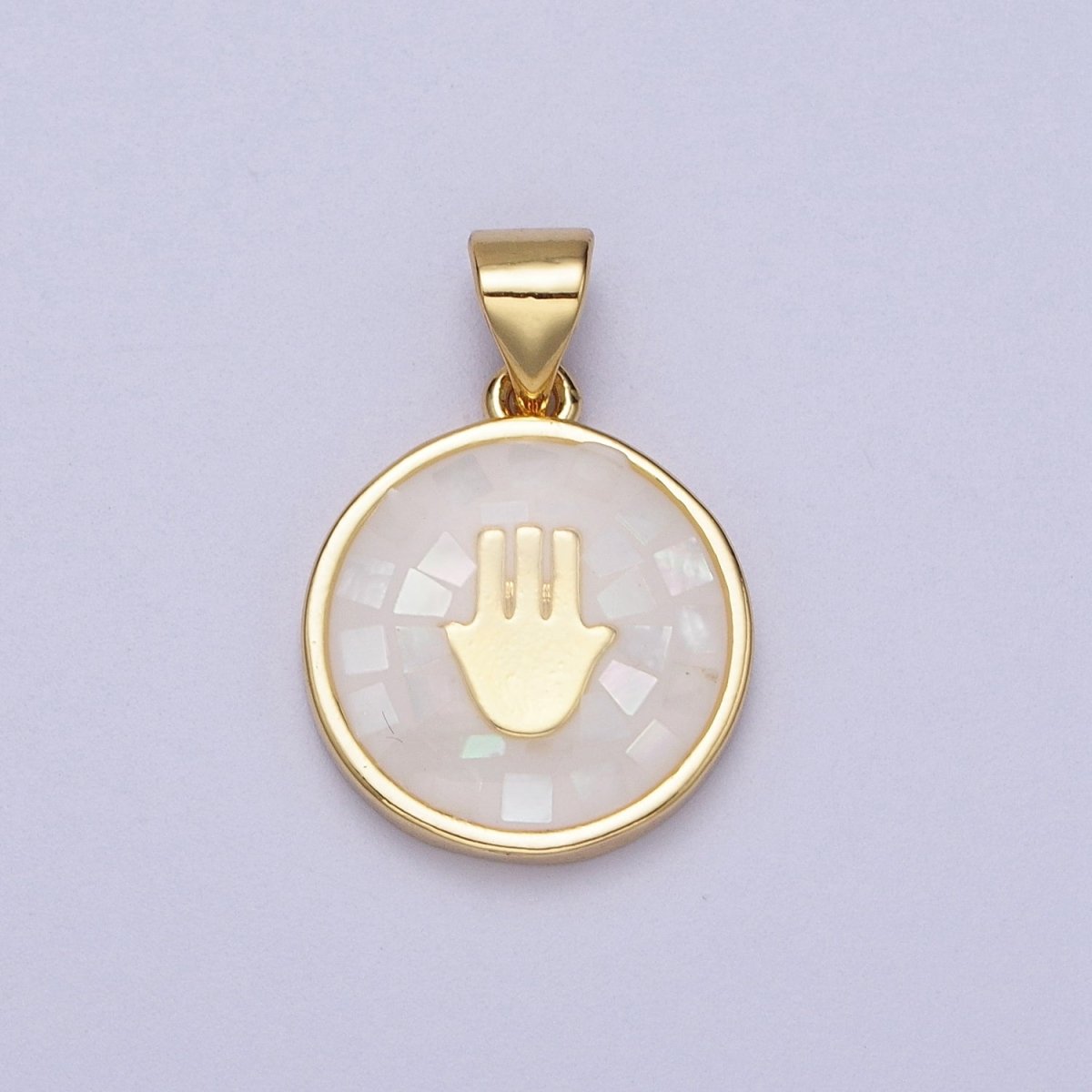 Gold Hamsa Hand White, Pink, Green, Teal Shell Opal Round Pendant H-807 I-760 I-792 I-828 - DLUXCA