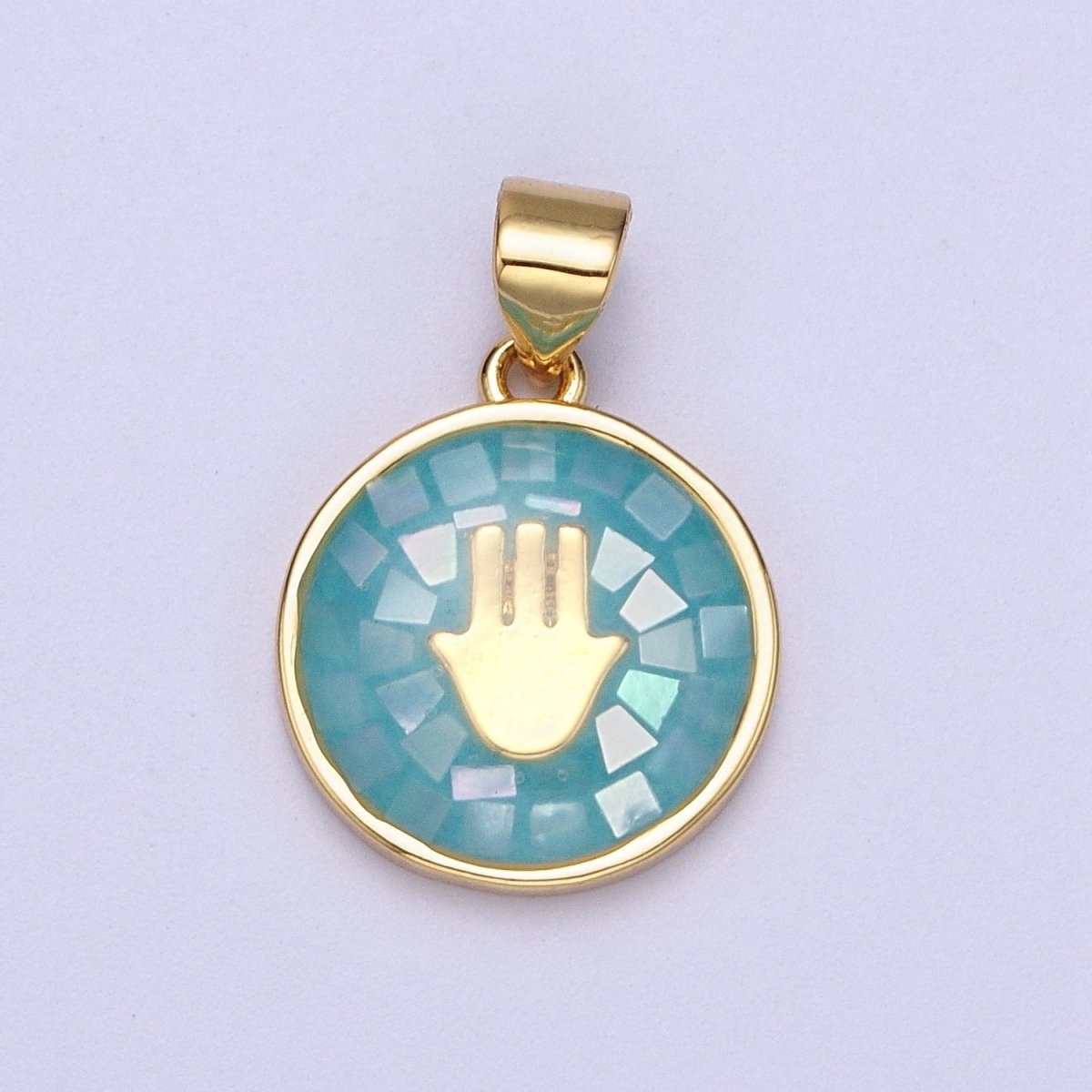 Gold Hamsa Hand White, Pink, Green, Teal Shell Opal Round Pendant H-807 I-760 I-792 I-828 - DLUXCA