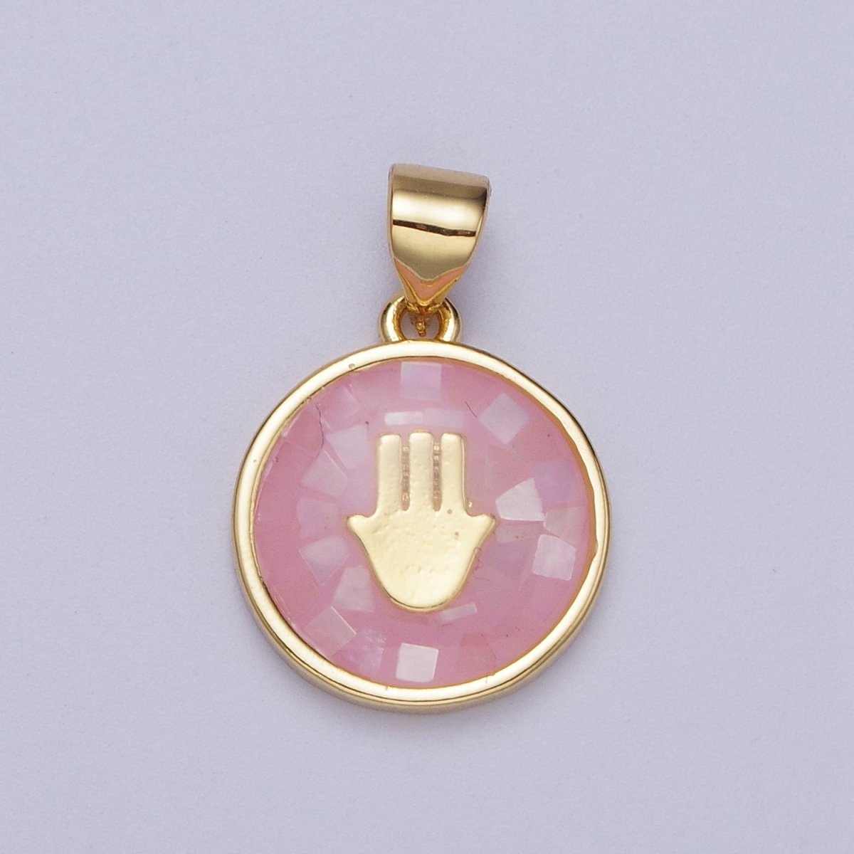 Gold Hamsa Hand White, Pink, Green, Teal Shell Opal Round Pendant H-807 I-760 I-792 I-828 - DLUXCA