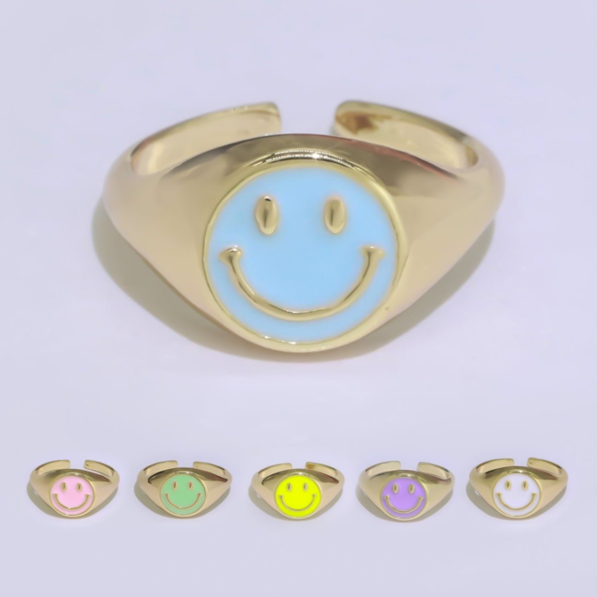 Gold Happy Face Ring • Smiley Face Ring • Enamel Epoxy Emoji Ring • Signet Ring• Birthday Gift y2k Jewelry for Teenager O-425 ~ O-430 - DLUXCA