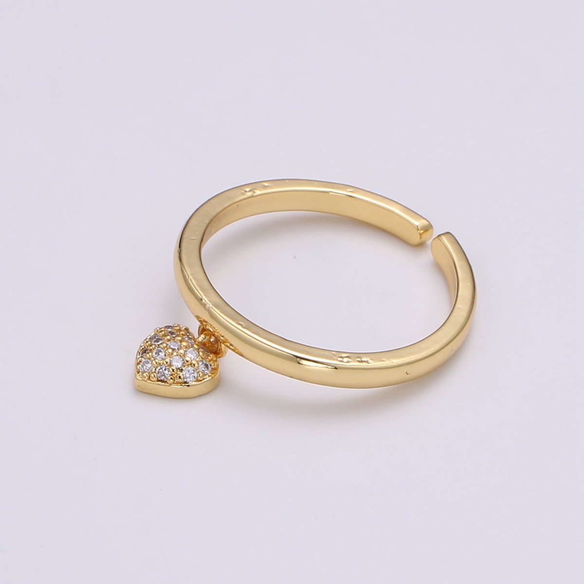 Gold Heart dangle ring - tiny heart ring - cz heart Ring- love ring - zircon charm - Dainty Open Adjustable Ring for Stackable Jewelry R444 - DLUXCA