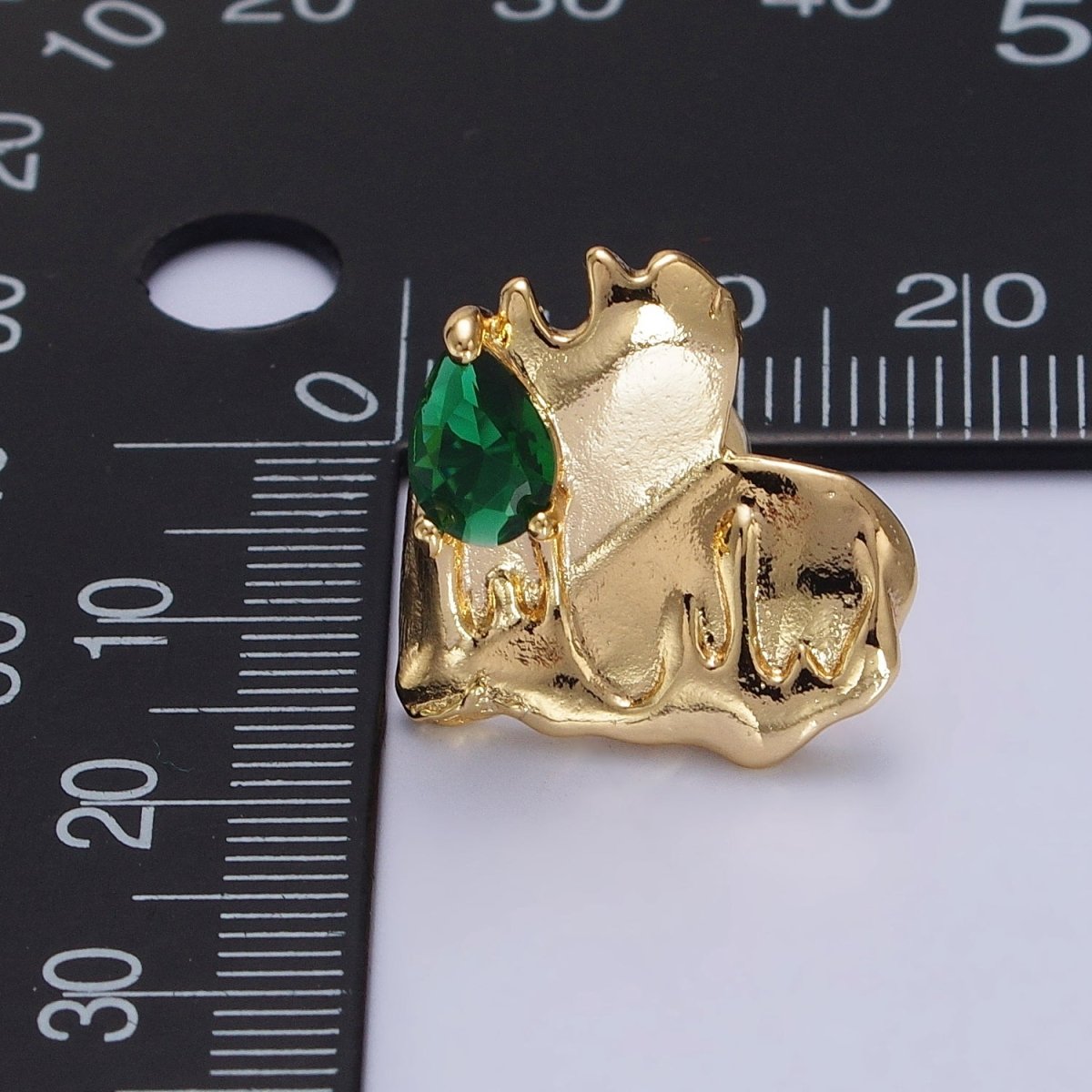 Gold Heart Molten Drip Green Teardrop CZ Stud Earrings | AB139 - DLUXCA