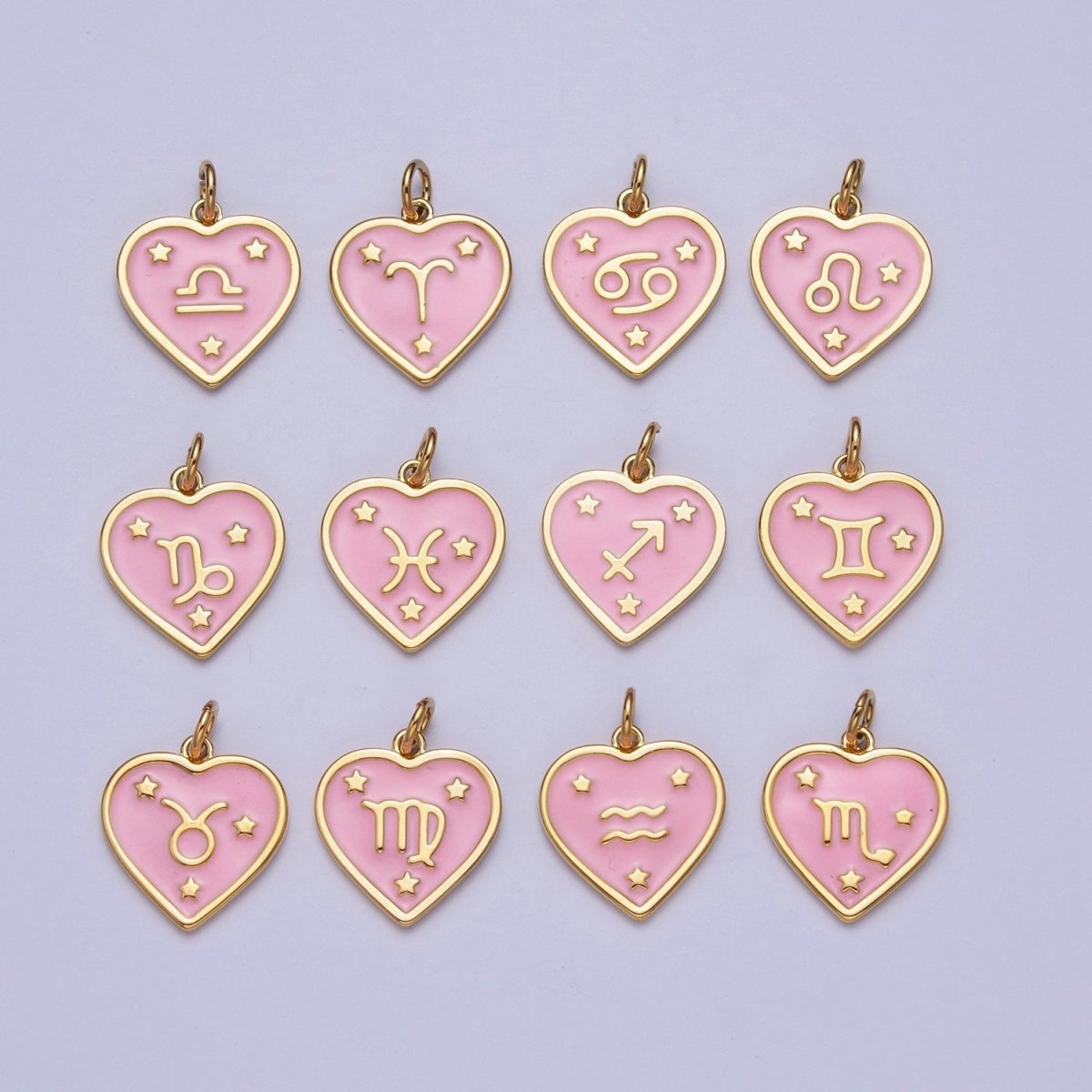 Gold Heart Pink Enamel Zodiac Constellation Charms Astrology Birth Star Sign for Necklace Bracelet Earring Supply |X-793-X-804 - DLUXCA