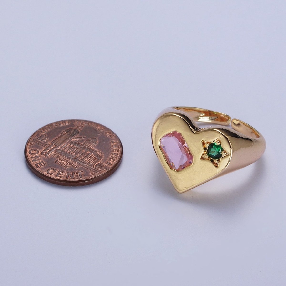 Gold Heart Signet Ring with Pink & Green Cubic Zirconia Baguette Star Stones | X-616 - DLUXCA