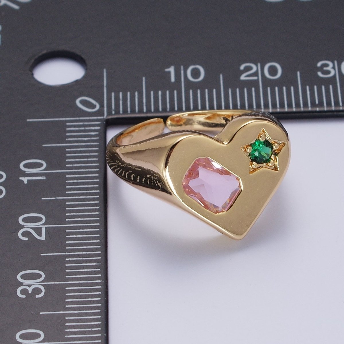 Gold Heart Signet Ring with Pink & Green Cubic Zirconia Baguette Star Stones | X-616 - DLUXCA