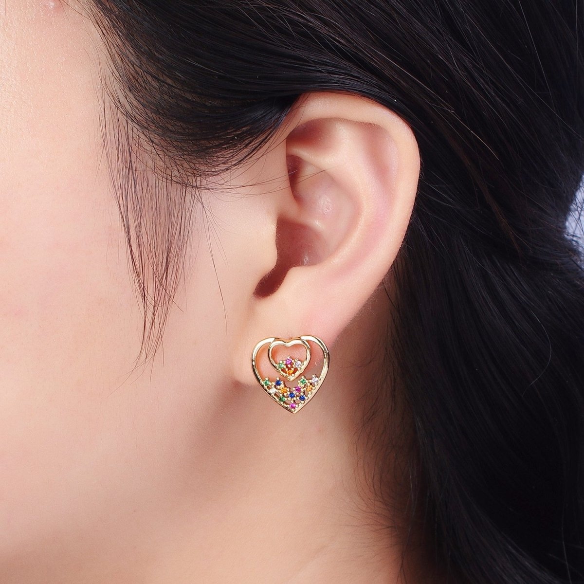 Gold Heart Stud Earring Rainbow Cz Stud Earring AE-1026 - DLUXCA