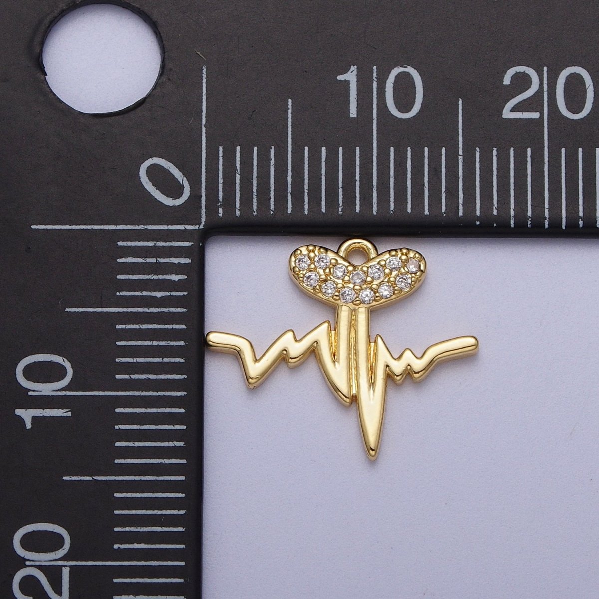 Gold Heartbeat Line Frequency Pulse Micro Paved CZ Heart Charm | C-855 - DLUXCA