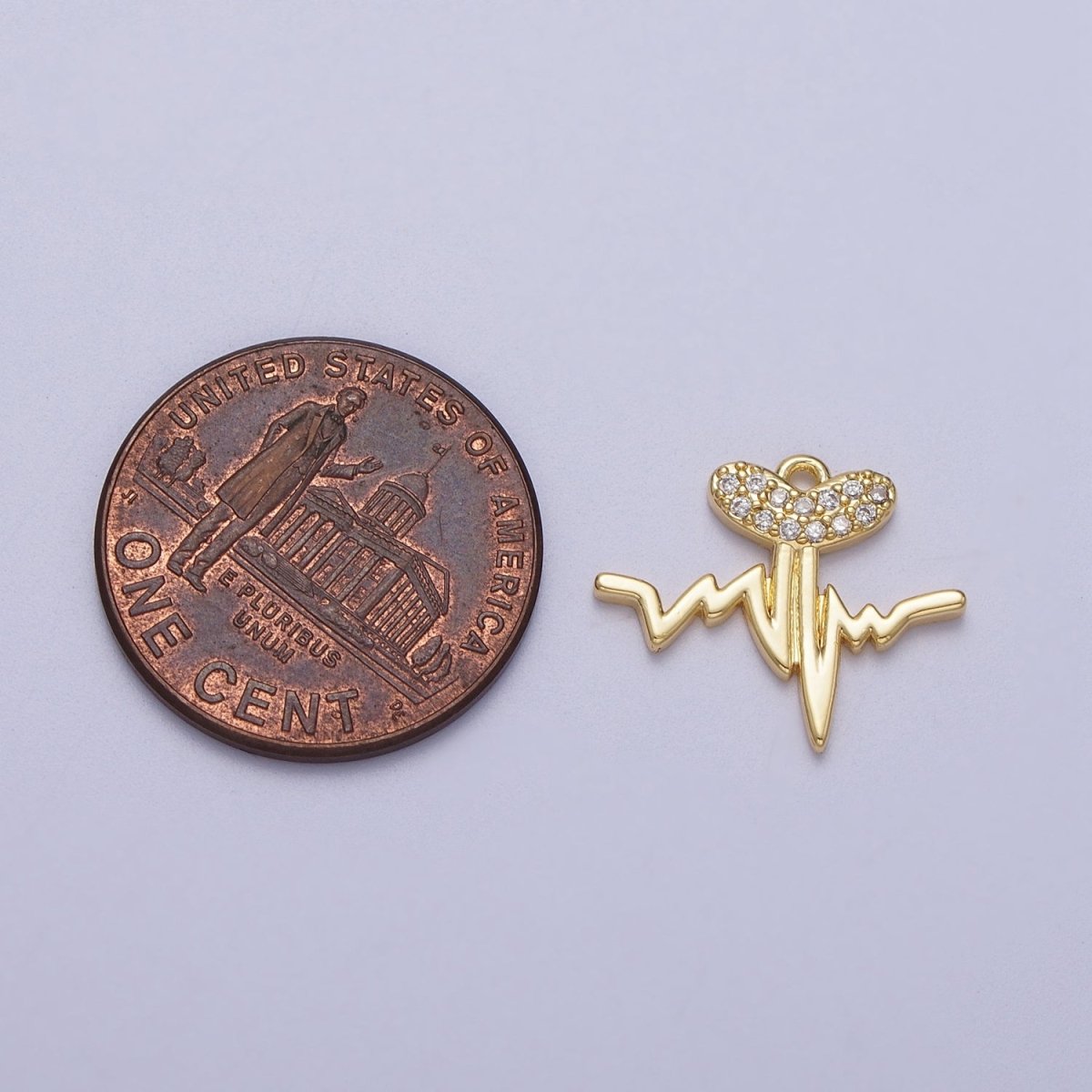 Gold Heartbeat Line Frequency Pulse Micro Paved CZ Heart Charm | C-855 - DLUXCA