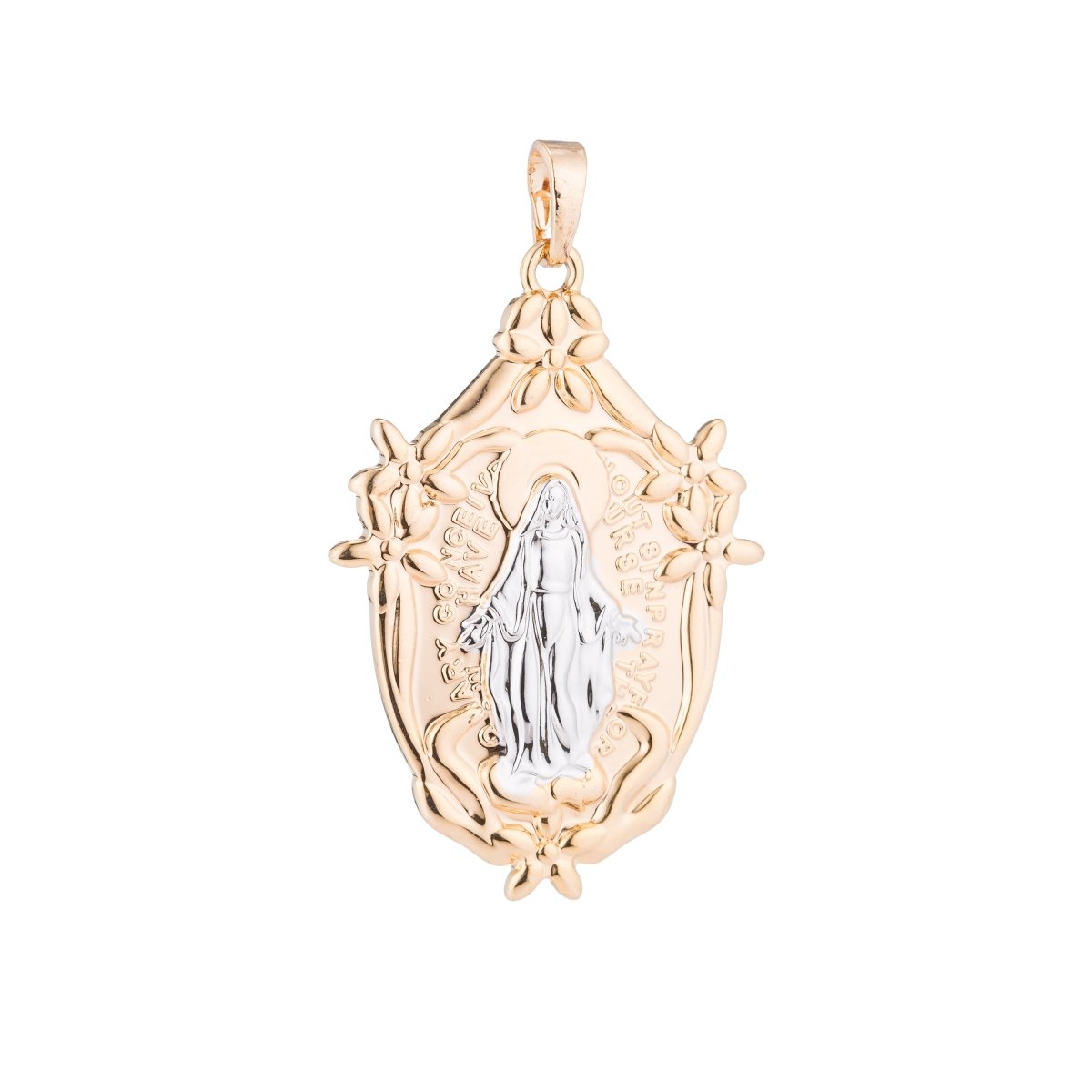 Gold Holy Virgin Mary, Mother of Jesus, Flower, Catholic Saint, Miraculous Necklace Pendant Charm Bead Bails Findings for Jewelry Making H-526 - DLUXCA