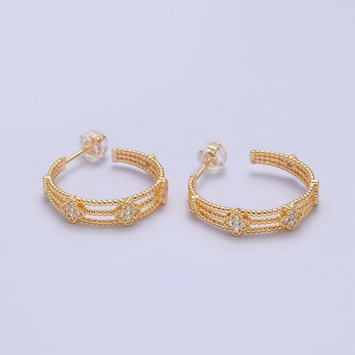 Gold Hoop Earring with Clover CZ for Lucky Jewelry T-381 - DLUXCA