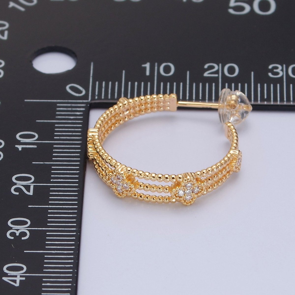 Gold Hoop Earring with Clover CZ for Lucky Jewelry T-381 - DLUXCA