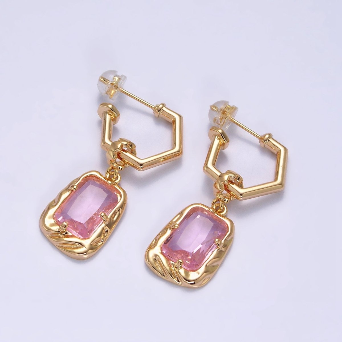 Gold Hoop Earring with Drop Rectangle Colorful Cubic Zirconia Stone in Silver, Gold Earring AB678 - AB689 - DLUXCA