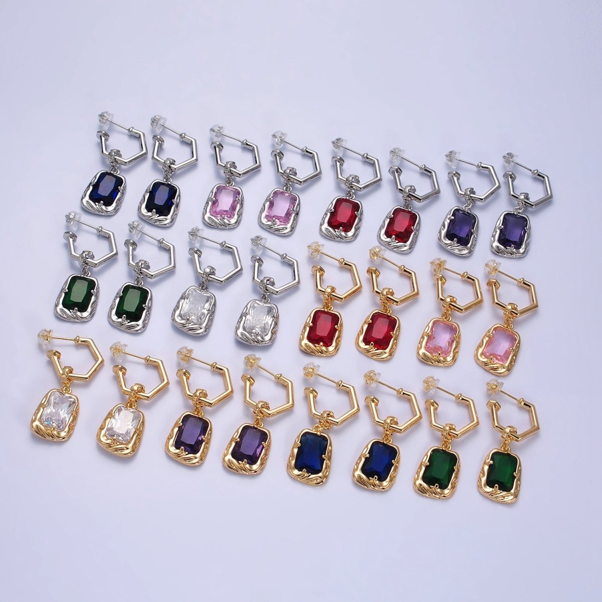Gold Hoop Earring with Drop Rectangle Colorful Cubic Zirconia Stone in Silver, Gold Earring AB678 - AB689 - DLUXCA