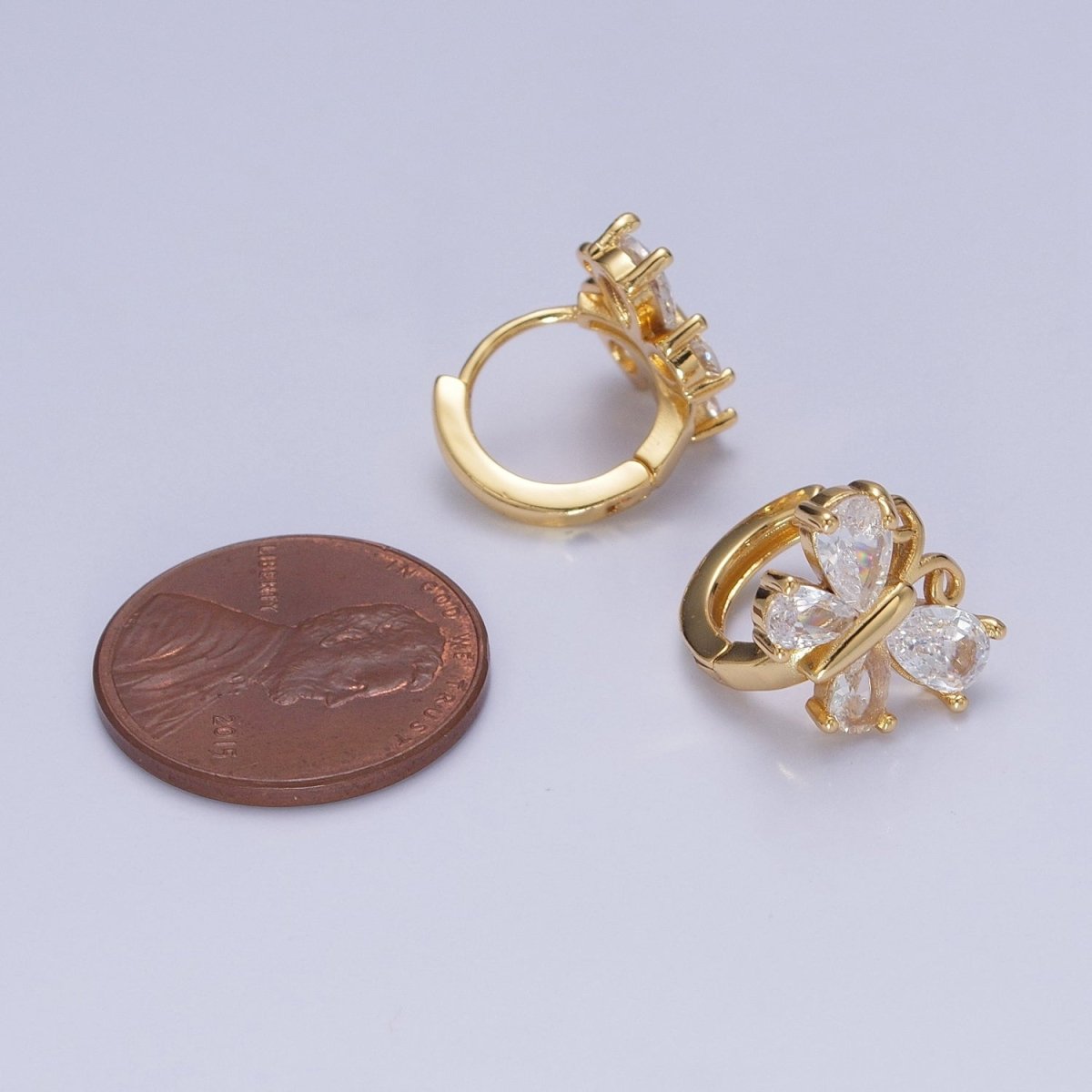 Gold Huggie Earrings Dainty Clear Cubic Zirconia Butterfly Hoop Earrings for Women T-394 - DLUXCA