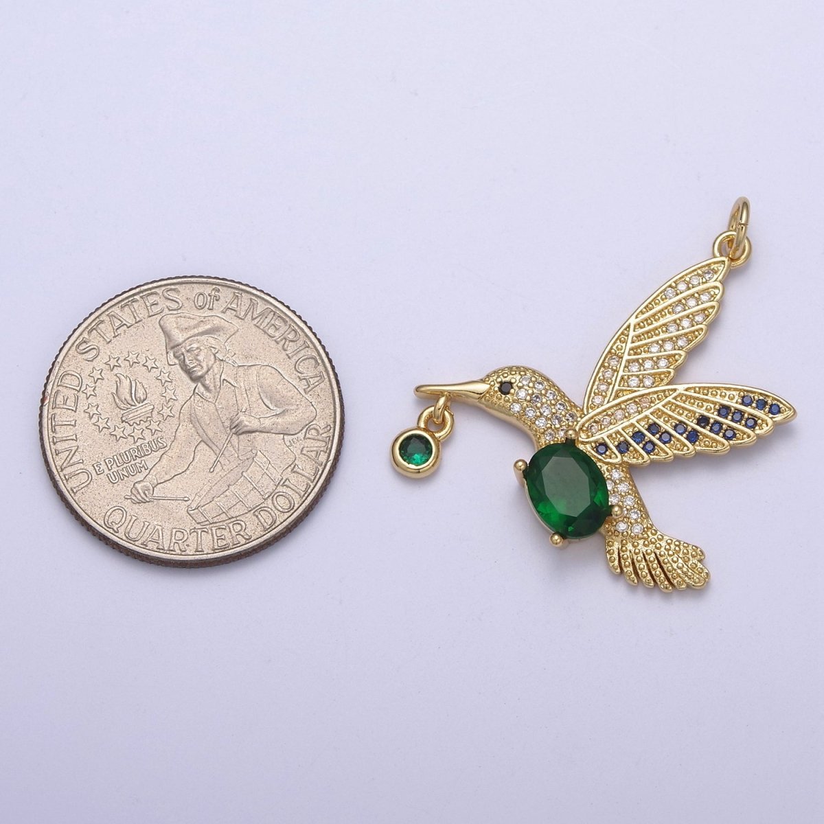Gold Hummingbird Charm 24k Gold Filled Humming Bird Pendant 36mmx28.1mm gold Green Cz Animal jewelry C-308 - DLUXCA