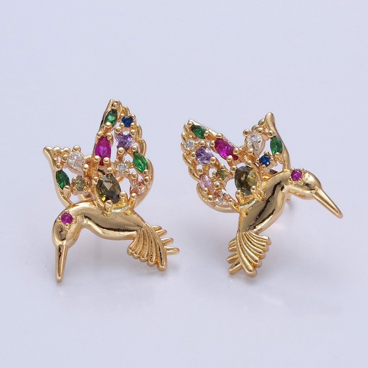 GOLD Hummingbird Stud Earrings, Bird Gift Pave Earrings T-519 - DLUXCA
