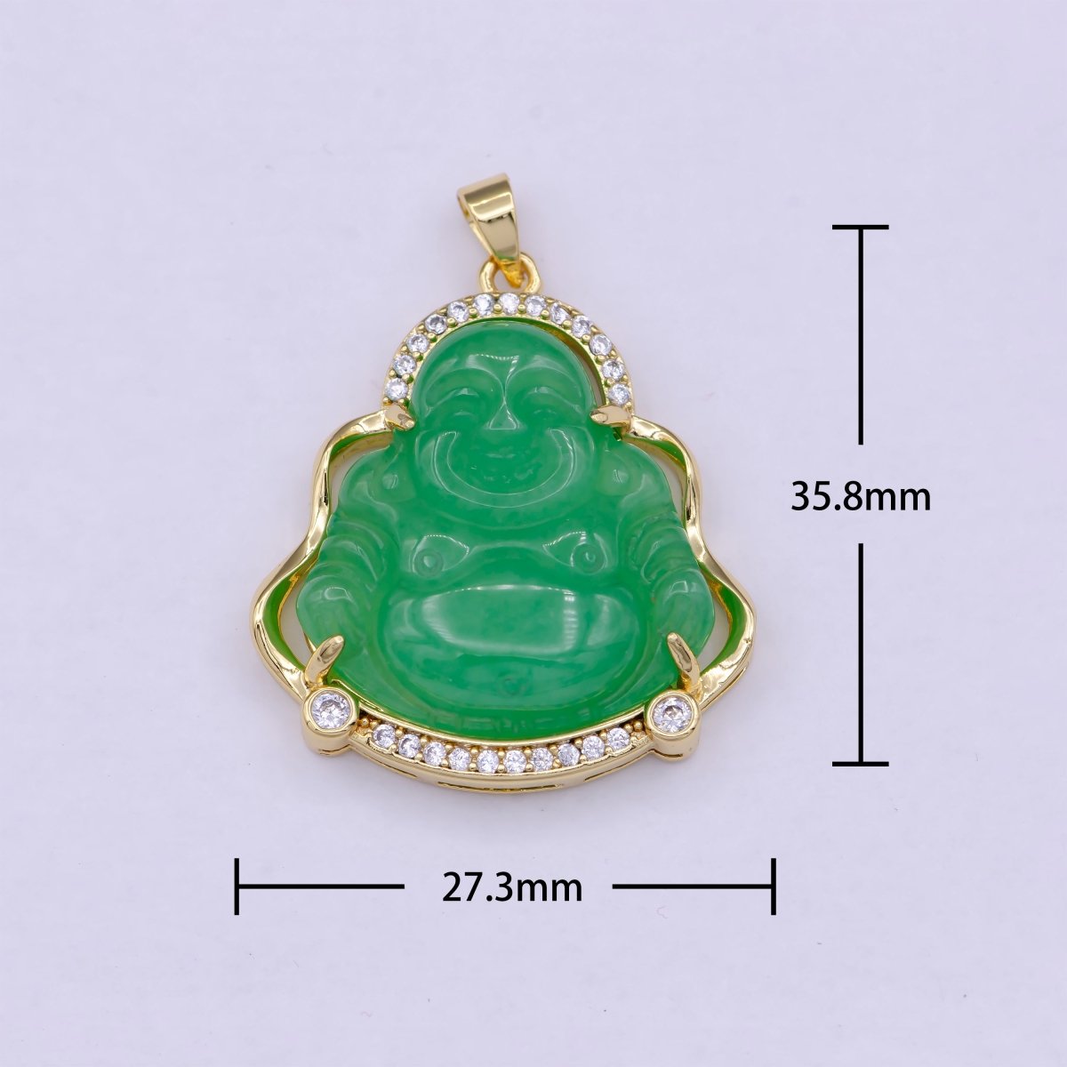 Gold Jade Buddha Pendant Micro Pave Bezel Natural Stone Laughing Buddha Jade Gold Filled Pendant, O-104 - DLUXCA