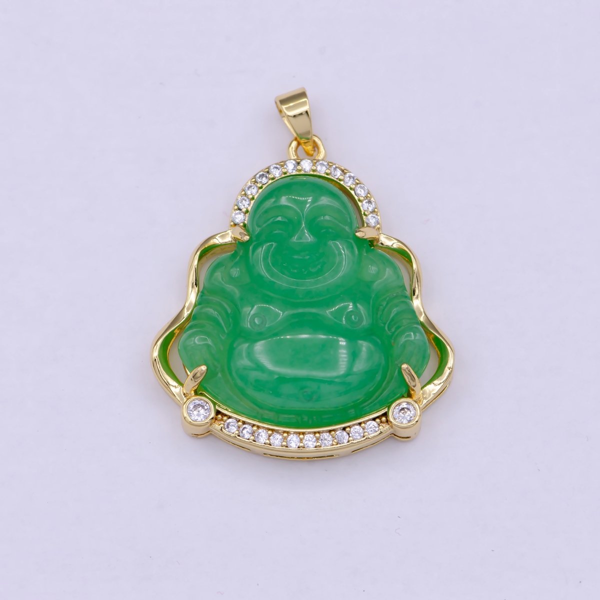 Gold Jade Buddha Pendant Micro Pave Bezel Natural Stone Laughing Buddha Jade Gold Filled Pendant, O-104 - DLUXCA