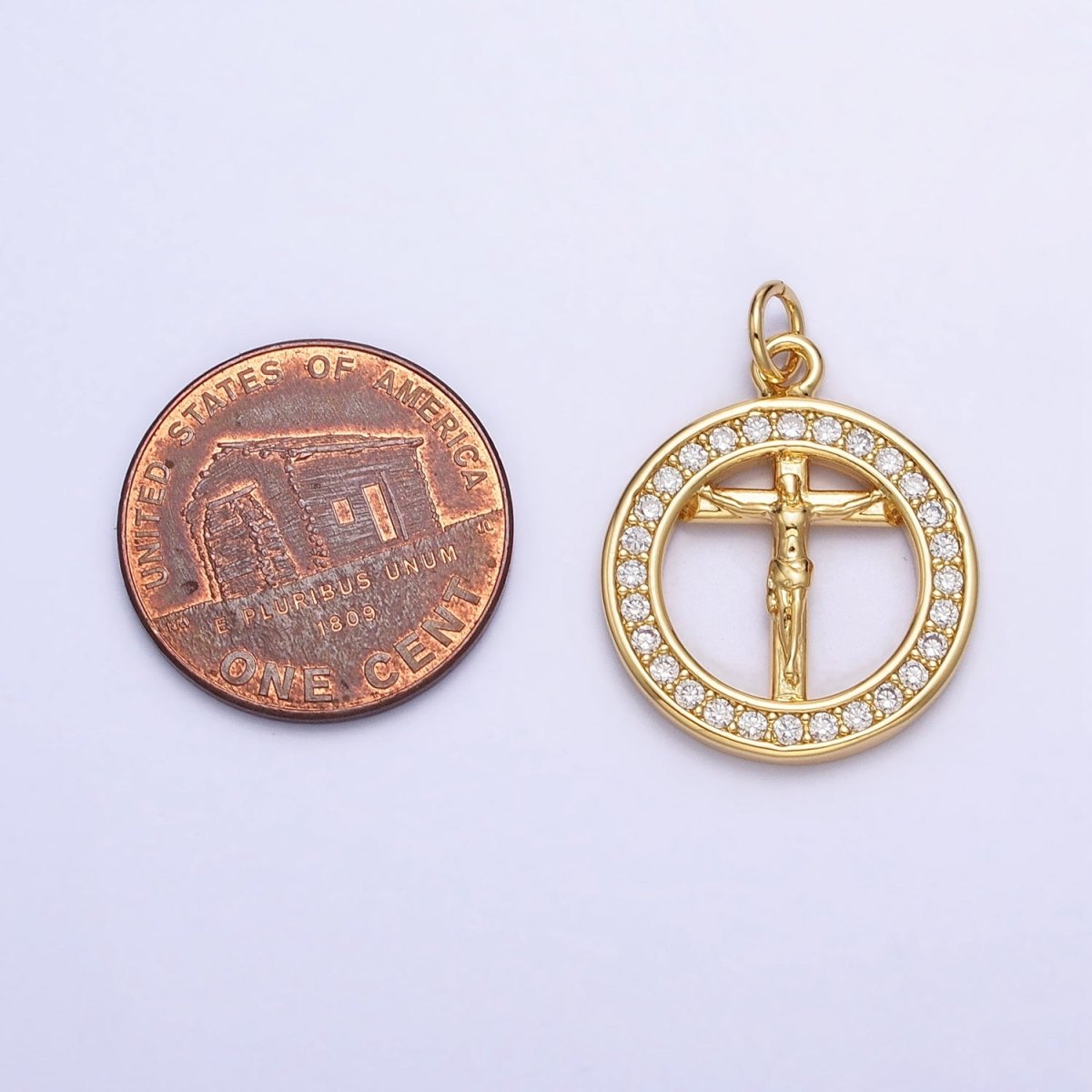 Gold Jesus Crucifix Cross Micro Paved 18mm Open Round Charm | AC672 - DLUXCA