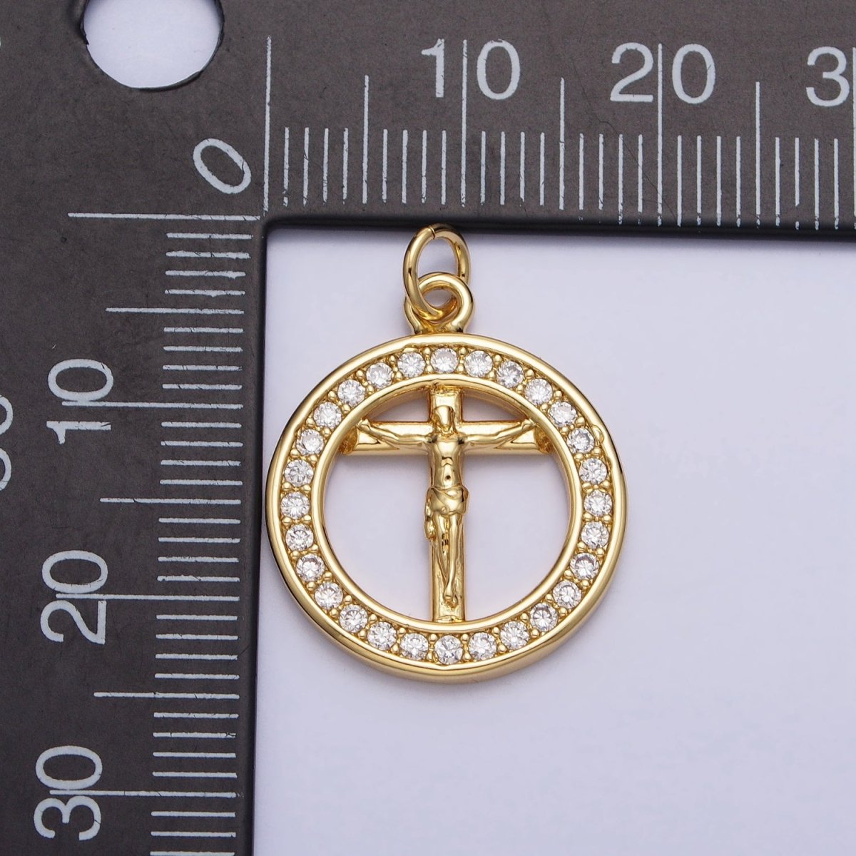 Gold Jesus Crucifix Cross Micro Paved 18mm Open Round Charm | AC672 - DLUXCA