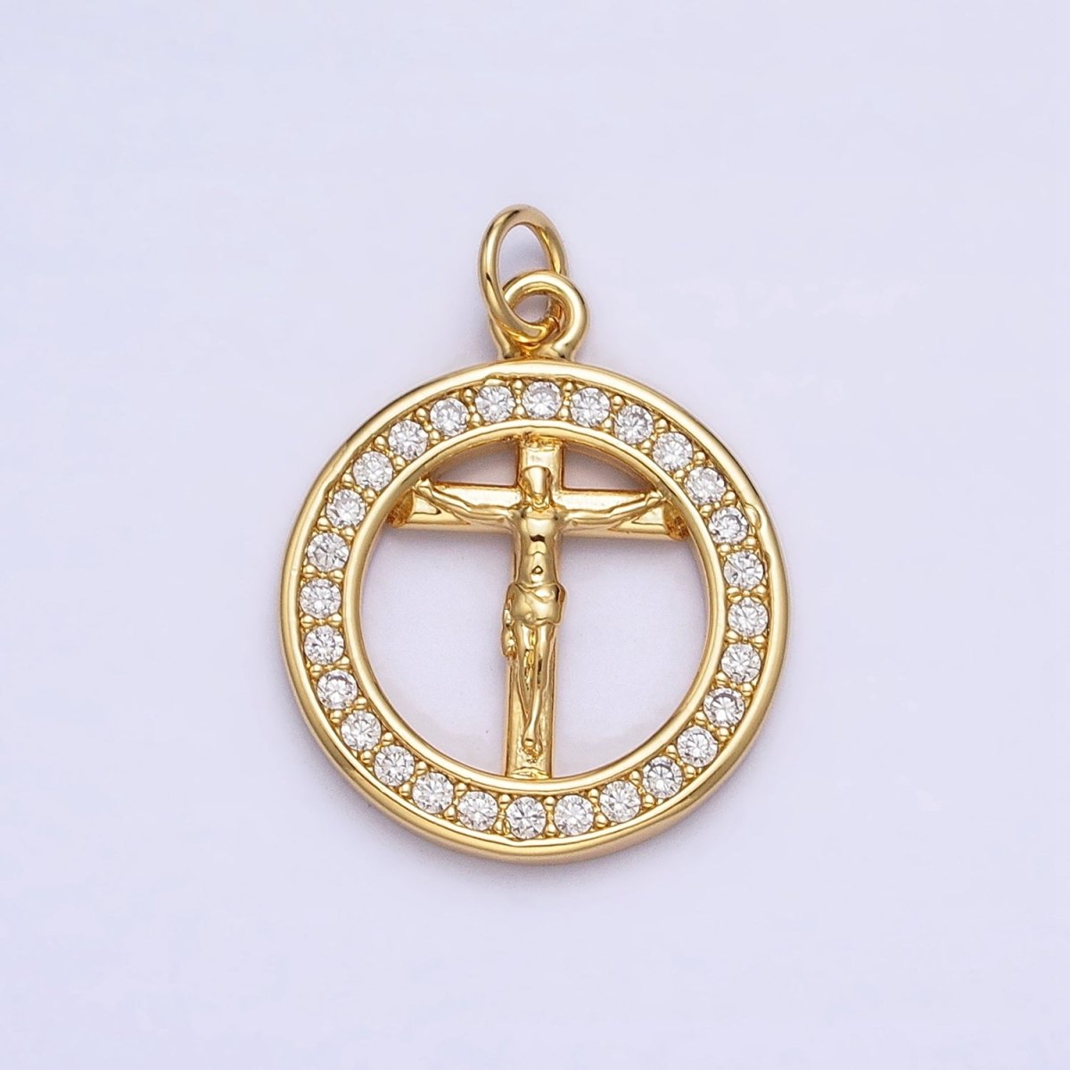 Gold Jesus Crucifix Cross Micro Paved 18mm Open Round Charm | AC672 - DLUXCA