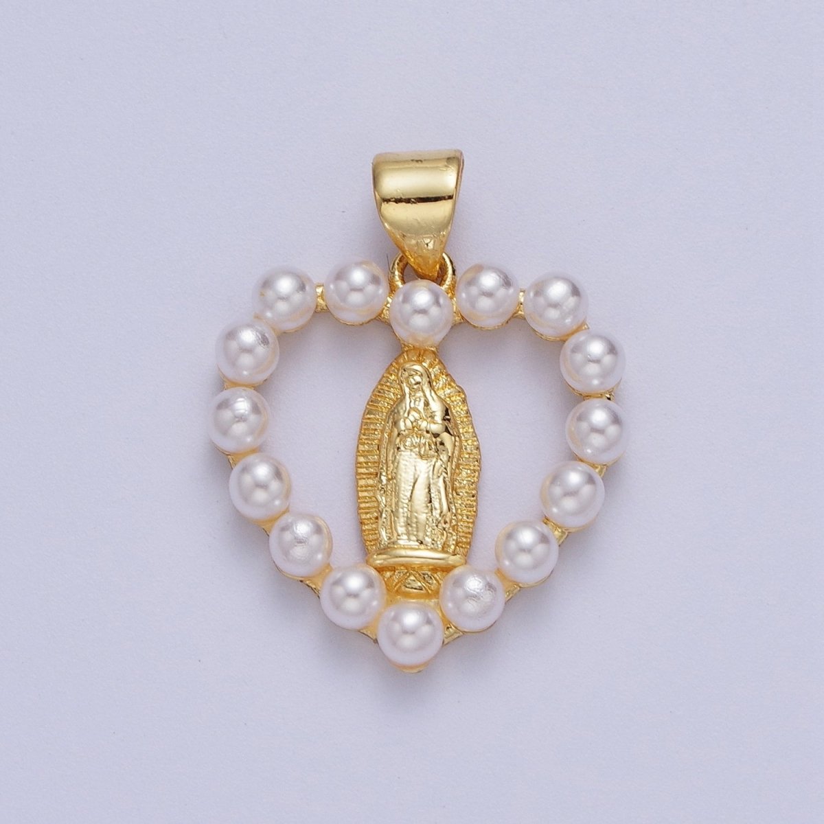 Gold Lady Guadalupe Open Heart Pearl Religious Pendant H-650 - DLUXCA