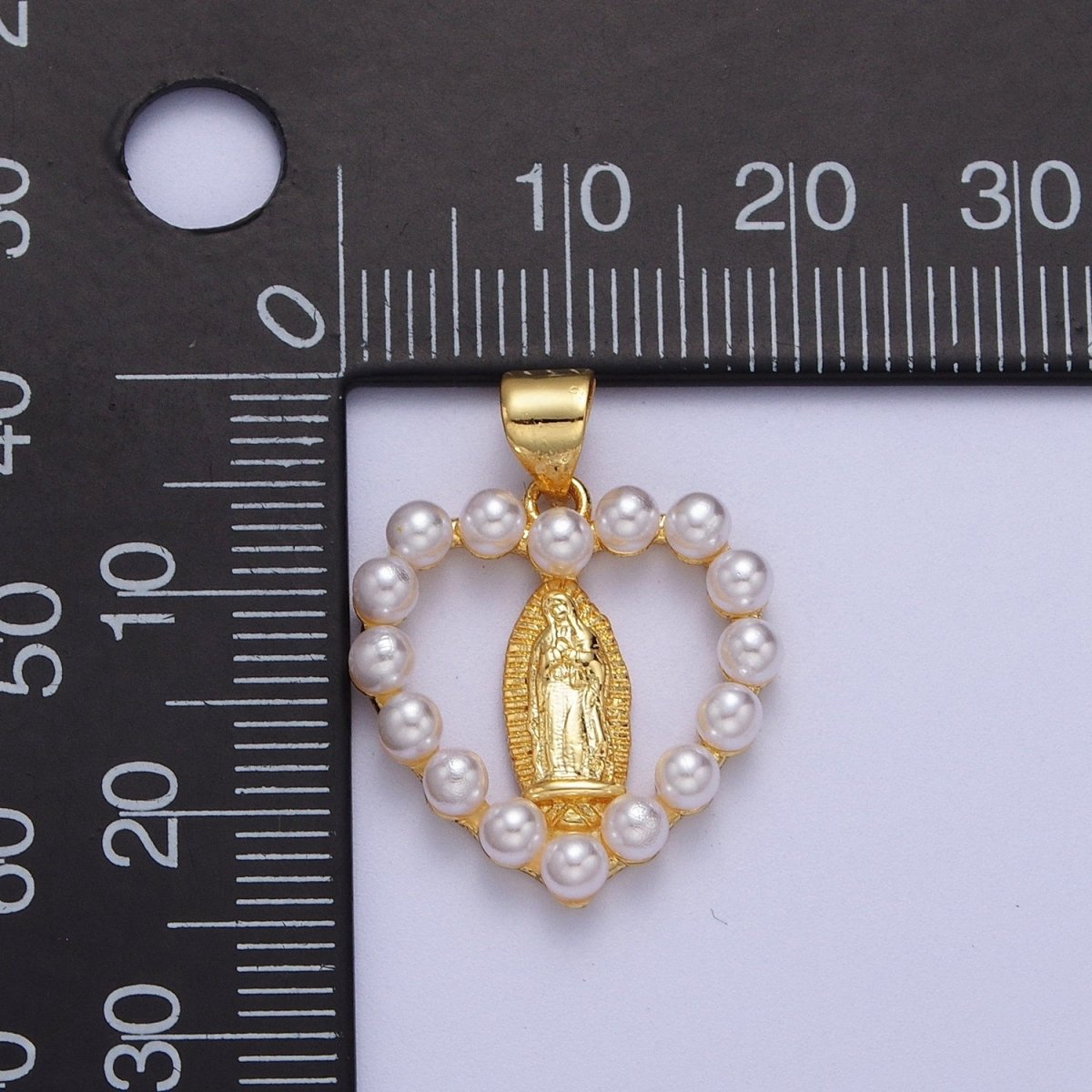 Gold Lady Guadalupe Open Heart Pearl Religious Pendant H-650 - DLUXCA