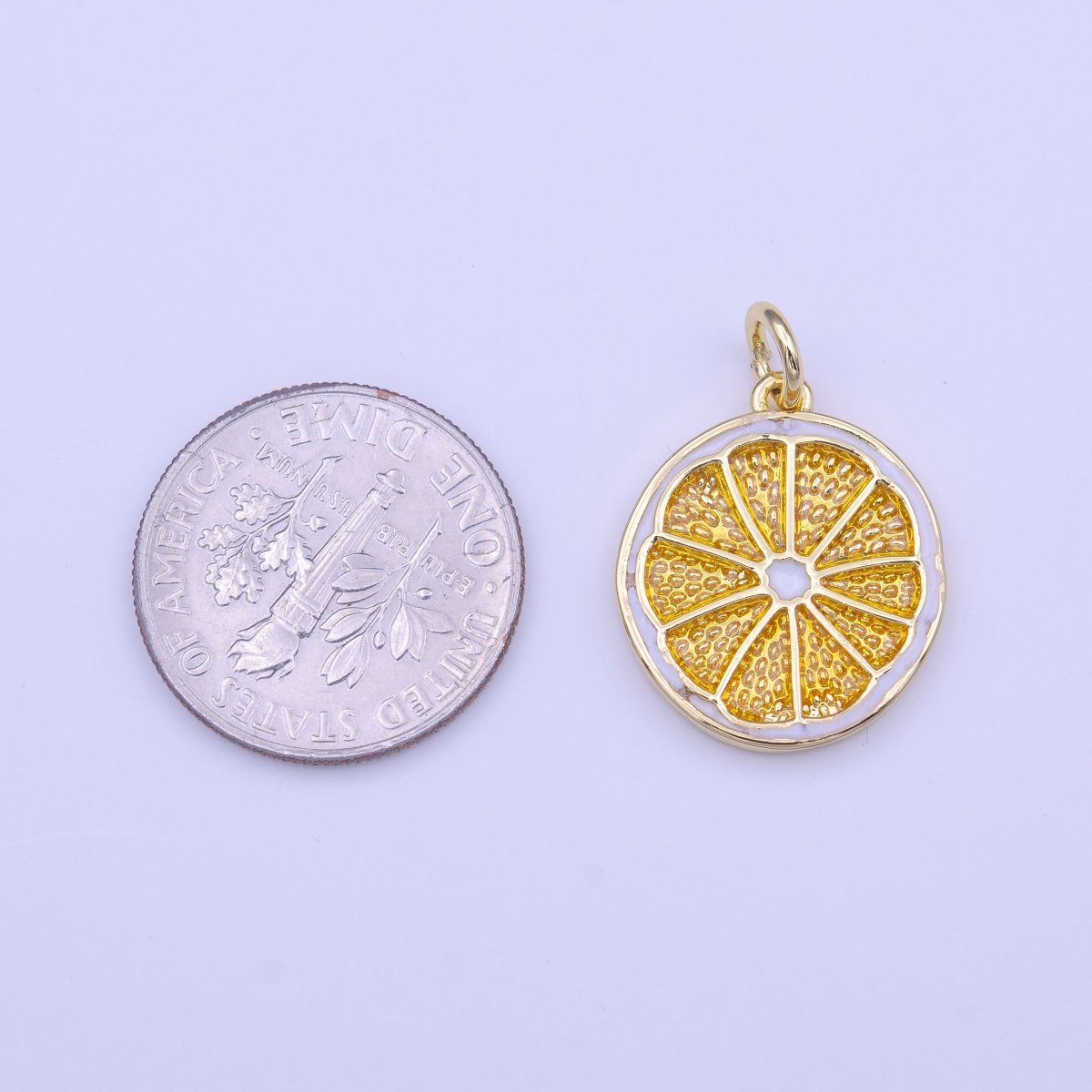 Gold Lemon Fruit White Yellow Enamel Round Charm | C-694 - DLUXCA