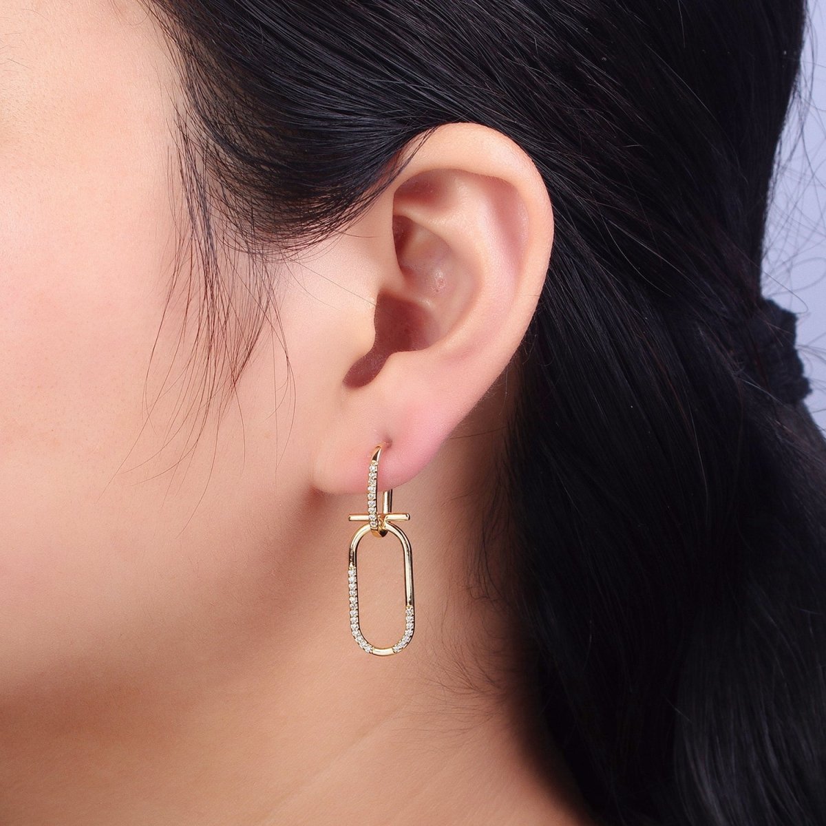 Gold Link Earrings by Oval Cable Link Earrings Statement Dangle CZ Stud Earrings | AB124 - DLUXCA