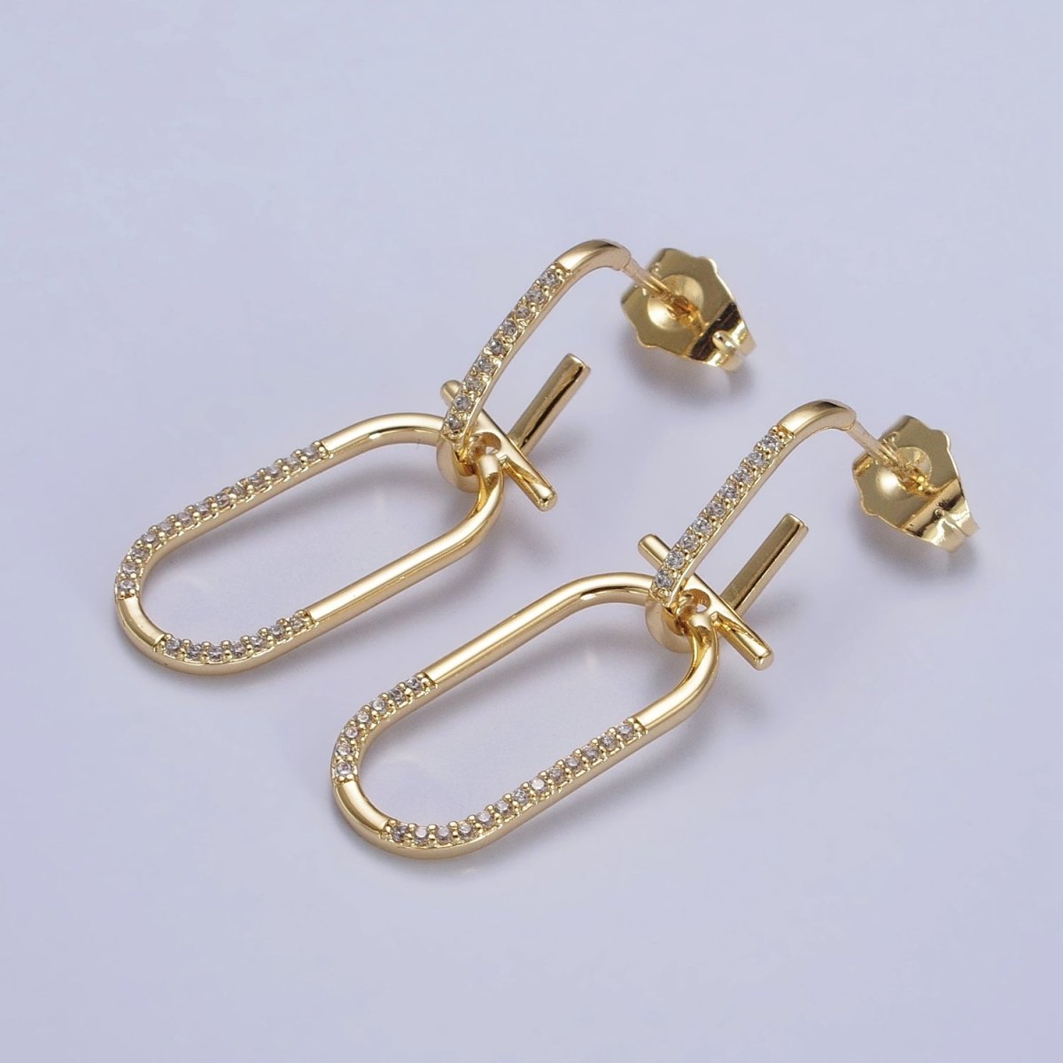 Gold Link Earrings by Oval Cable Link Earrings Statement Dangle CZ Stud Earrings | AB124 - DLUXCA