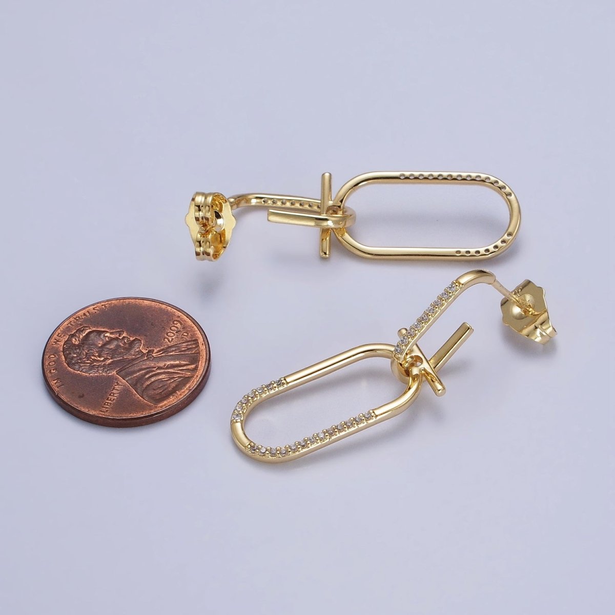 Gold Link Earrings by Oval Cable Link Earrings Statement Dangle CZ Stud Earrings | AB124 - DLUXCA