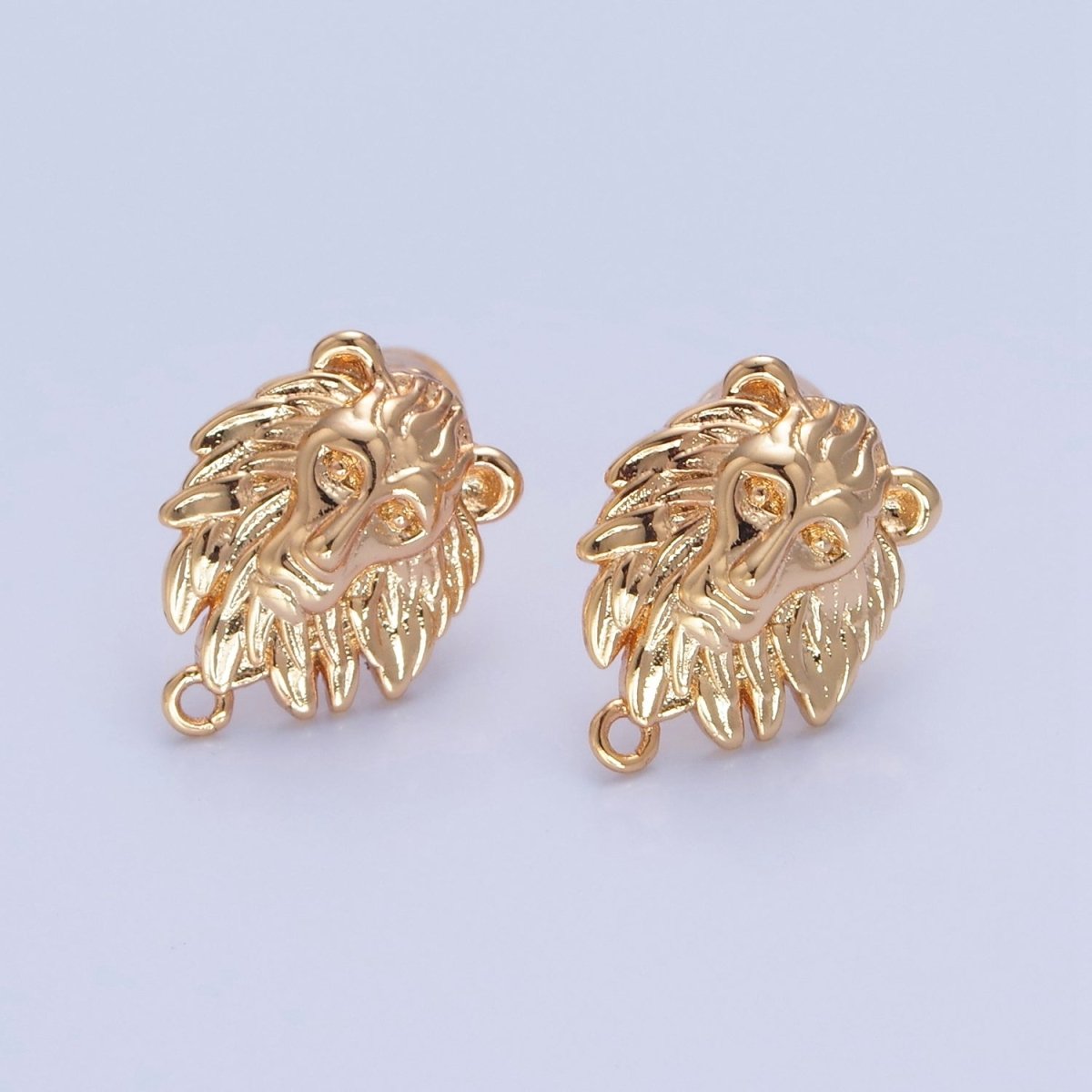 Gold Lion Stud Earrings with Open Link Loop, Jungle Forest Animal Themed Jewelry Component For Earrings Making L-769 - DLUXCA