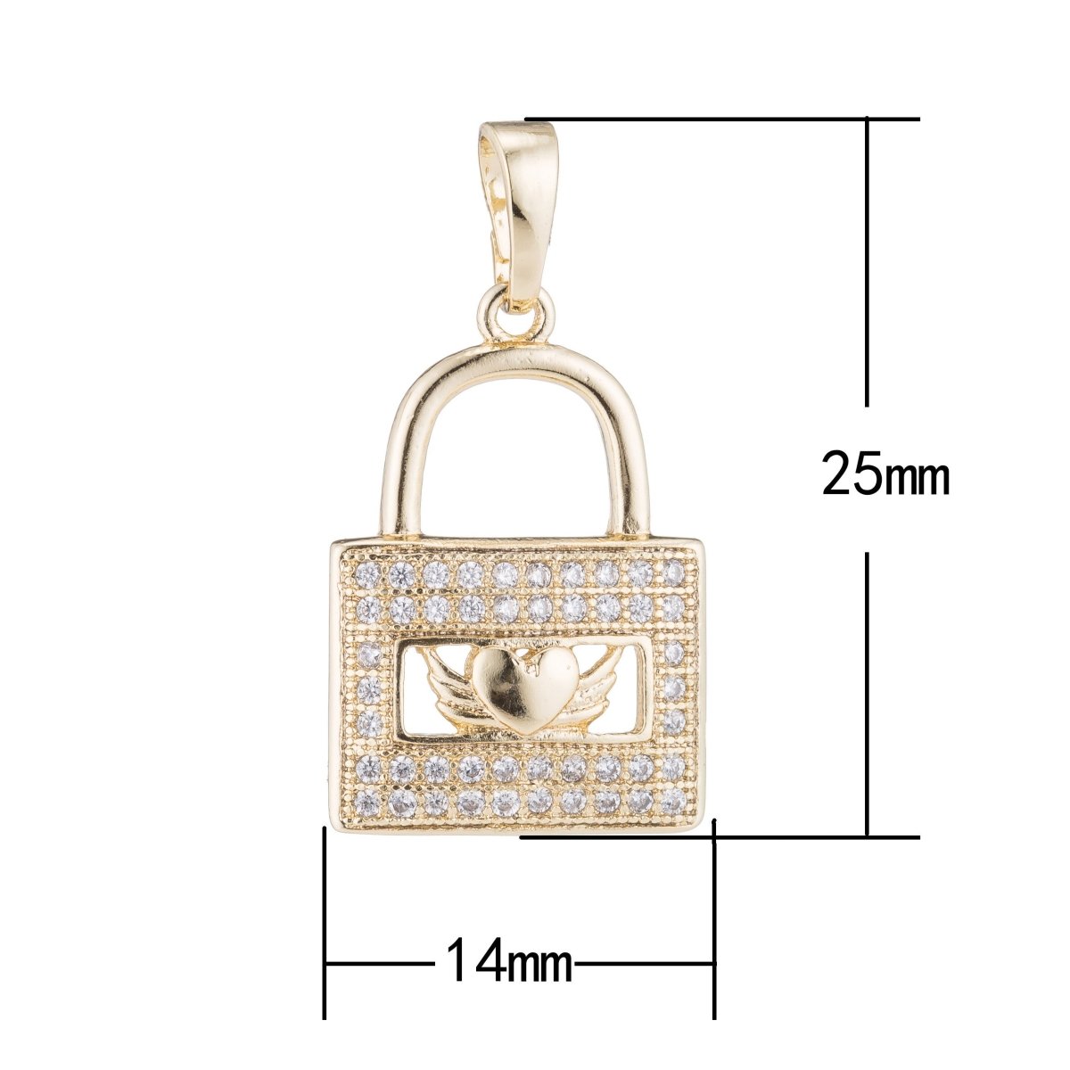 Gold Lock Heart, Wings, Romantic, Love, Romance, Couple DIY Cubic Zirconia Necklace Pendant Charm Bead Bails Findings for Jewelry Making H-072 - DLUXCA