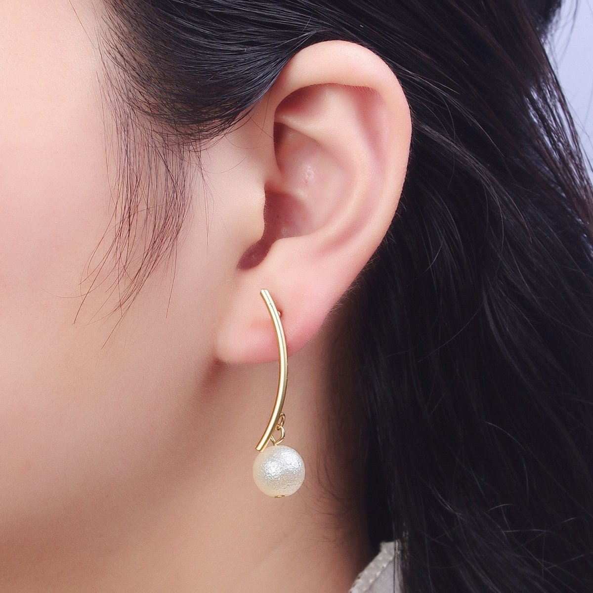Gold Long Arc Line Drop White Pearl Geometric Stud Earrings | X-866 - DLUXCA