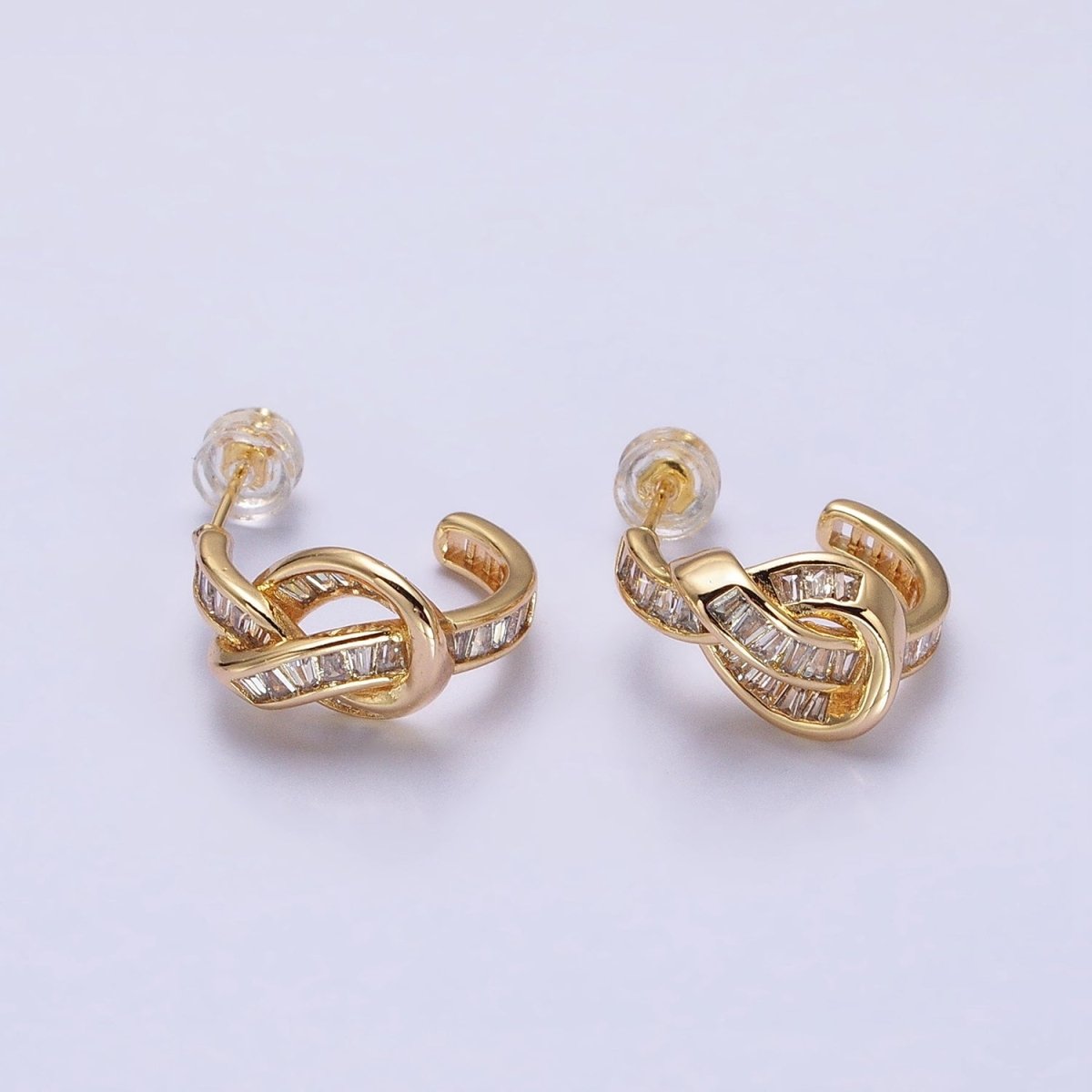 Gold Love knot Stud Earring Clear Cz Micro Pave Stone Hoop Earring AB675 - DLUXCA