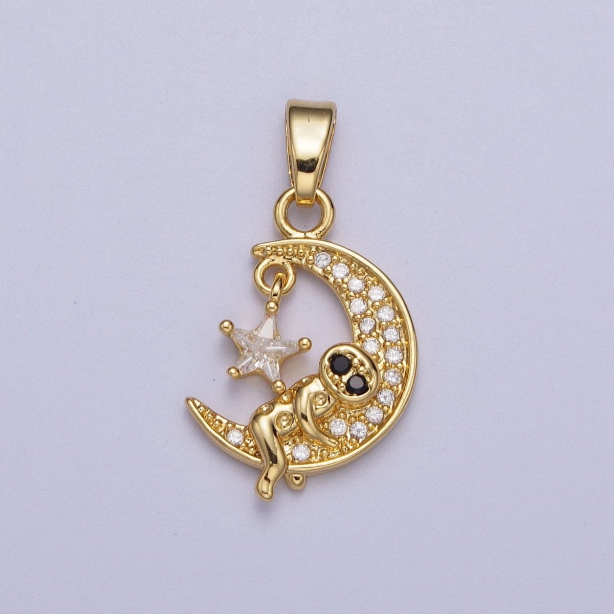 Gold Man on the Crescent Moon with Star CZ Celestial Pendant For DIY Jewelry Making | X-670 - DLUXCA