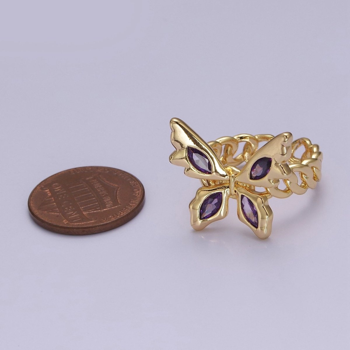 Gold Mariposa Ring Purple Butterfly Rig in 18k Gold Filled Band Statement Jewelry O-2077 - DLUXCA