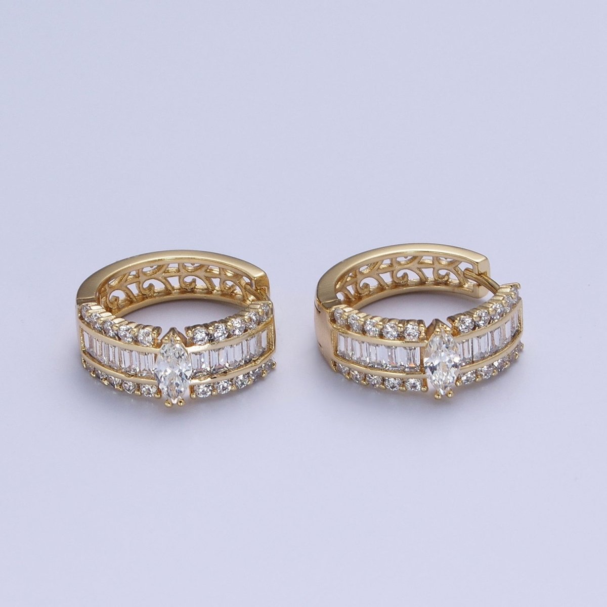Gold Marquise Hoops Medium Huggie CZ Diamond Earrings • Dainty Hoops for your Earring Y-071 - DLUXCA