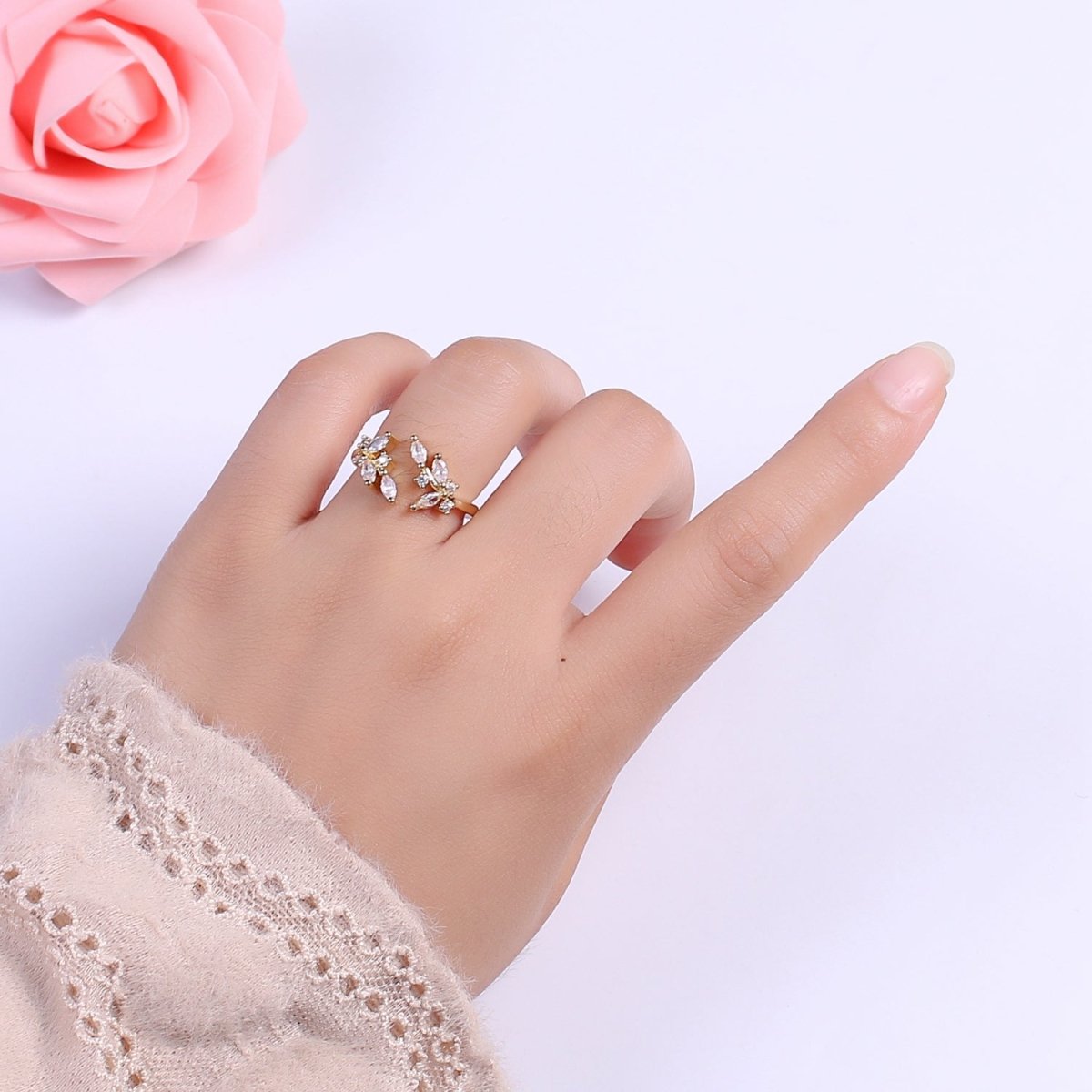 Gold Marquise Ring, Cz Open Adjustable Stacking Rings, Curved Ring, Birthday Gift for Her, Anniversary Gift, Crown Gold Ring Open Ring U-028 - DLUXCA