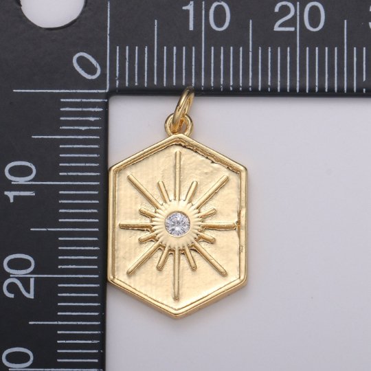 Gold Medallion Charm 14k Gold Filled Hexagon Pendant Gold Sunburst Charm Necklace Boho Chic Gold Geometric Necklace Celestial Jewelry Charm E-220 - DLUXCA
