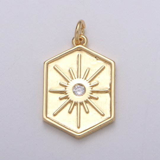 Gold Medallion Charm 14k Gold Filled Hexagon Pendant Gold Sunburst Charm Necklace Boho Chic Gold Geometric Necklace Celestial Jewelry Charm E-220 - DLUXCA