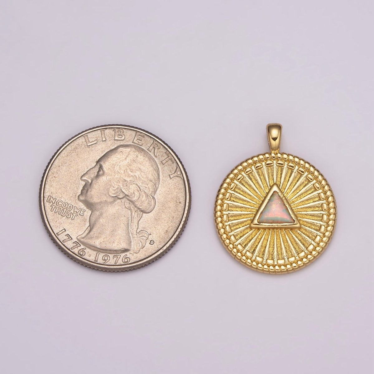 Gold Medallion Charm, Opal Triangle Coin Charm SunBurst Geometric Amulet Layering Necklace charm N-1438, N-1483 - DLUXCA