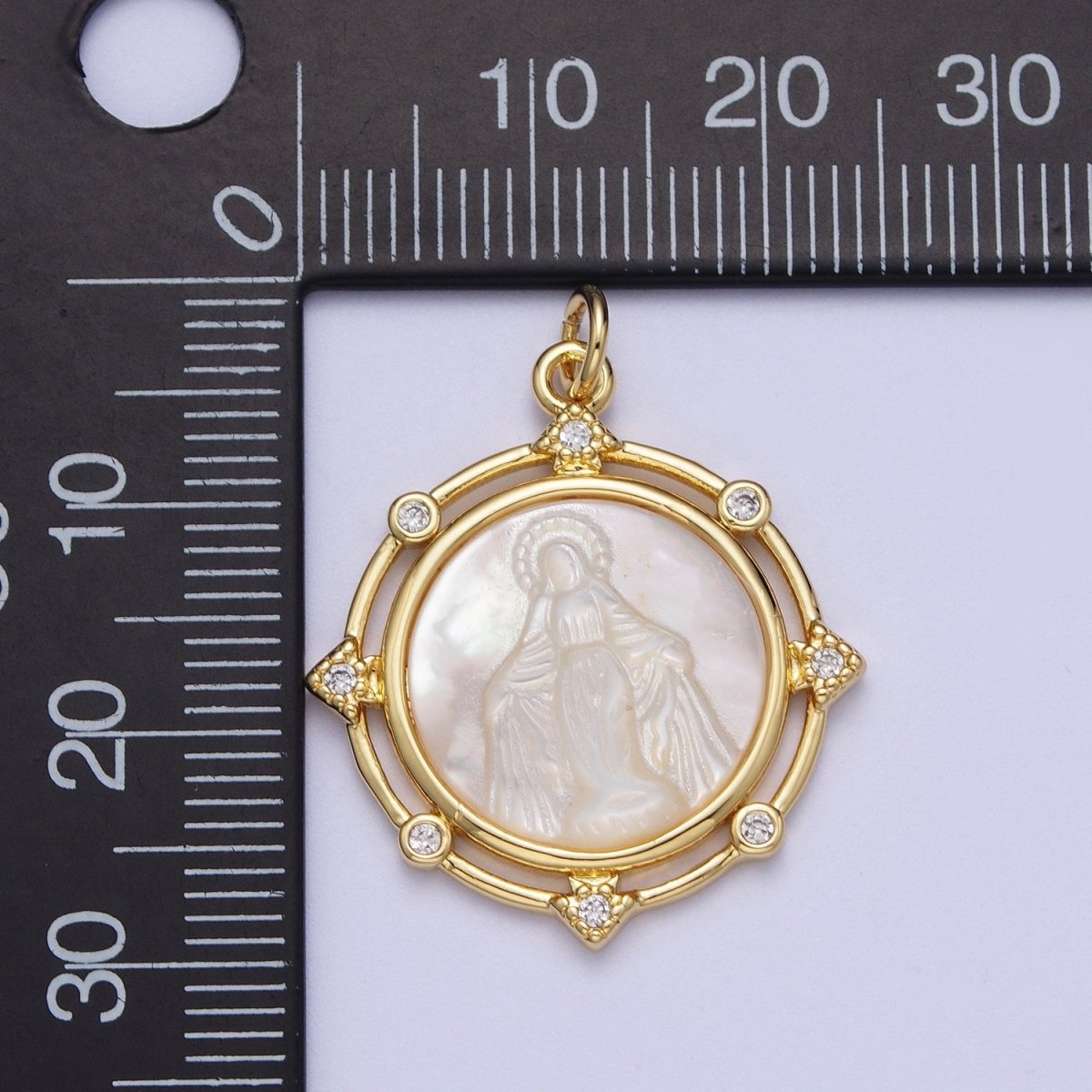 Gold Medallion Miraculous Lady / Evil Eye Mother of Pearl Round Charm Pendant | X-726 X-727 - DLUXCA