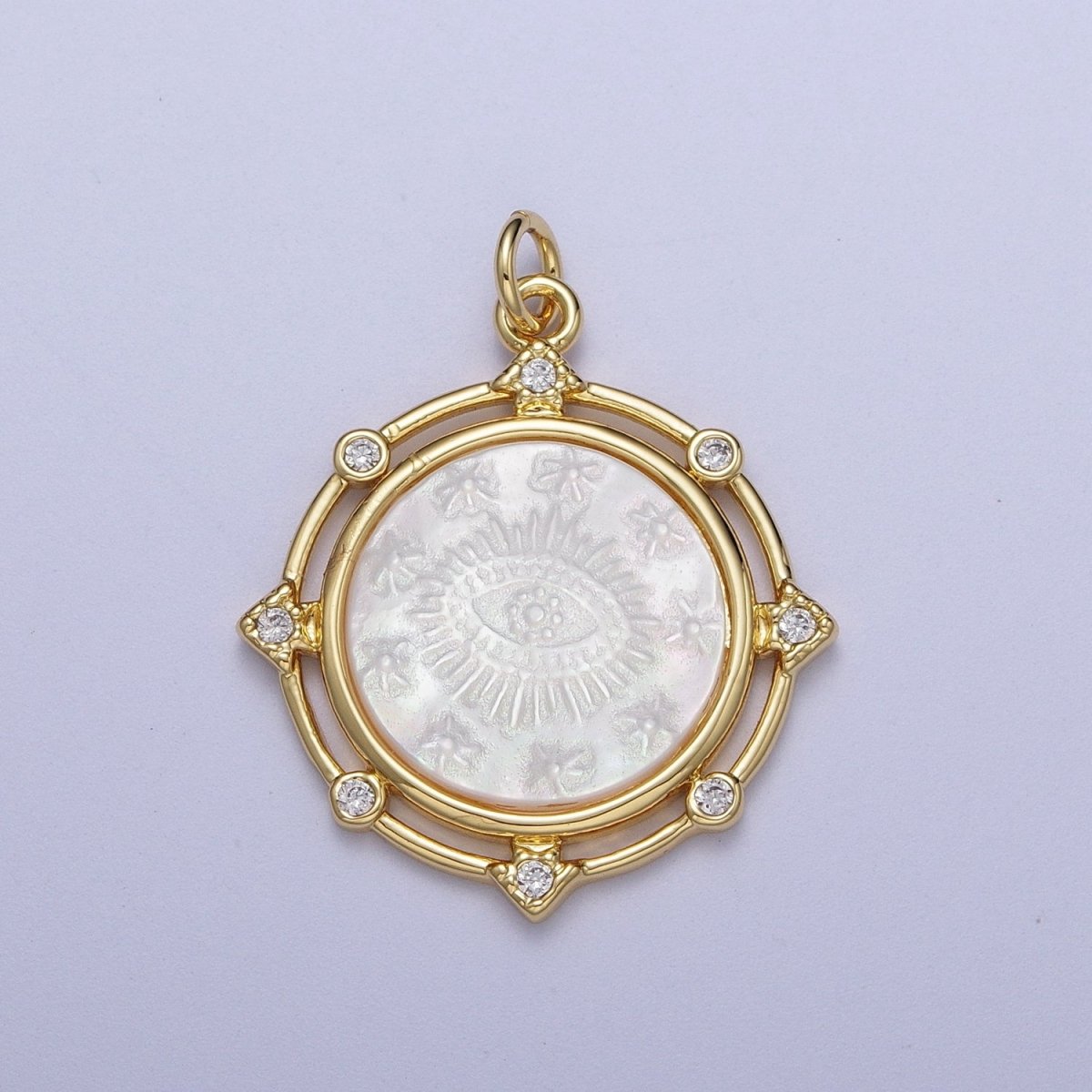 Gold Medallion Miraculous Lady / Evil Eye Mother of Pearl Round Charm Pendant | X-726 X-727 - DLUXCA